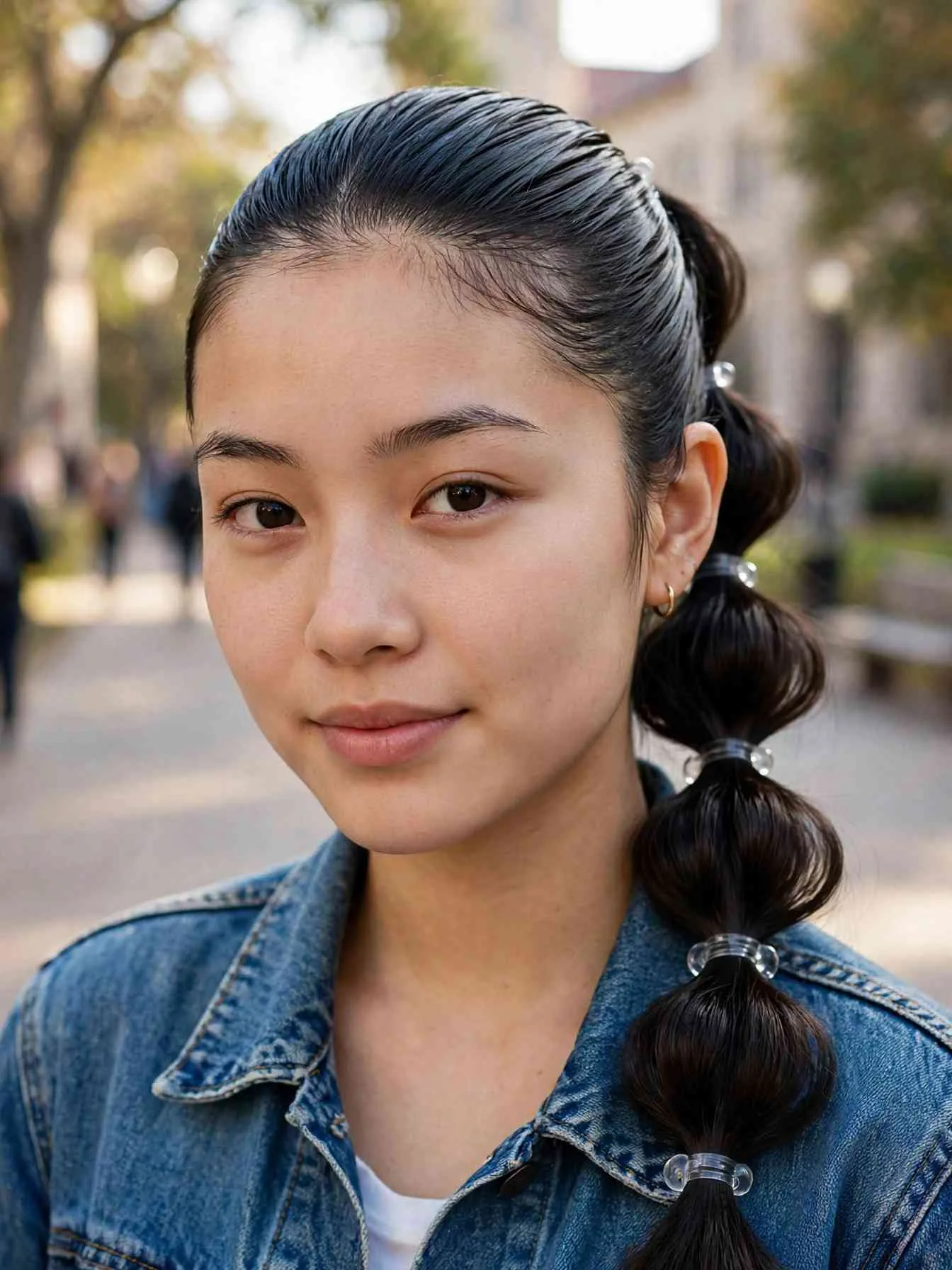 22 Clean Girl Hairstyles to Look Polished Every Day 6 Polished bubble ponytail with slicked roots and glossy sections