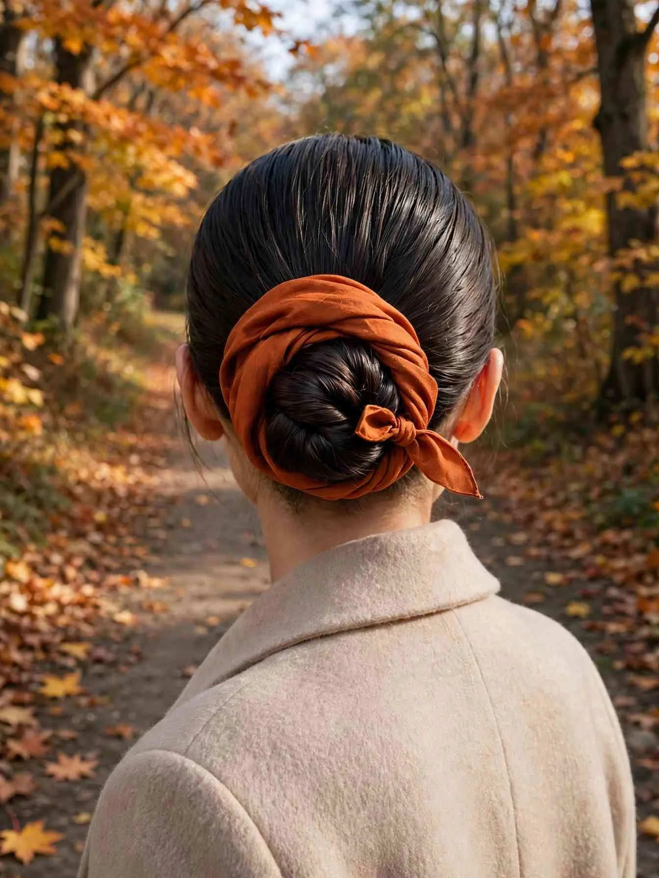 Low twisted knot wrapped with a burnt-orange silk scarf, back view