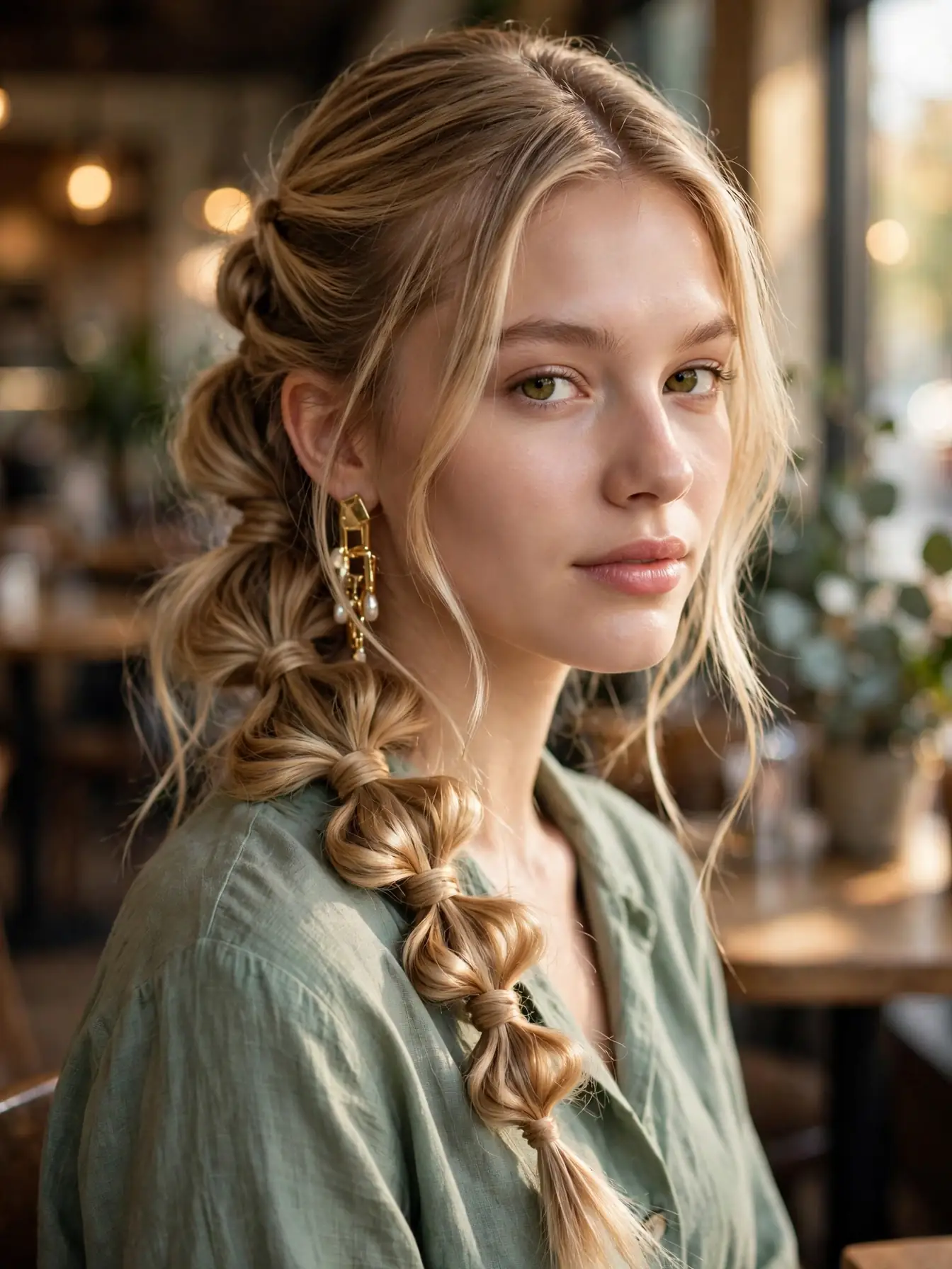 Side-swept infinity knot ponytail resting over one shoulder on blonde hair