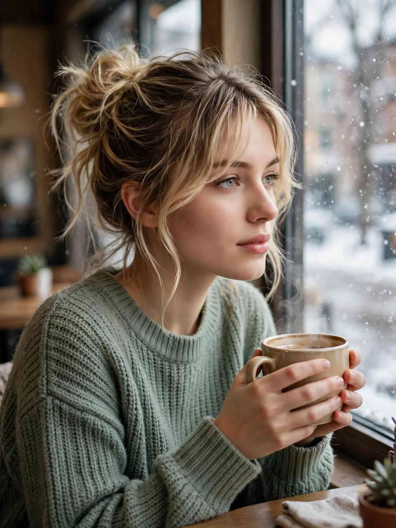 Mid-height messy bun with soft curtain-bang face-framing pieces, cafe window with snow