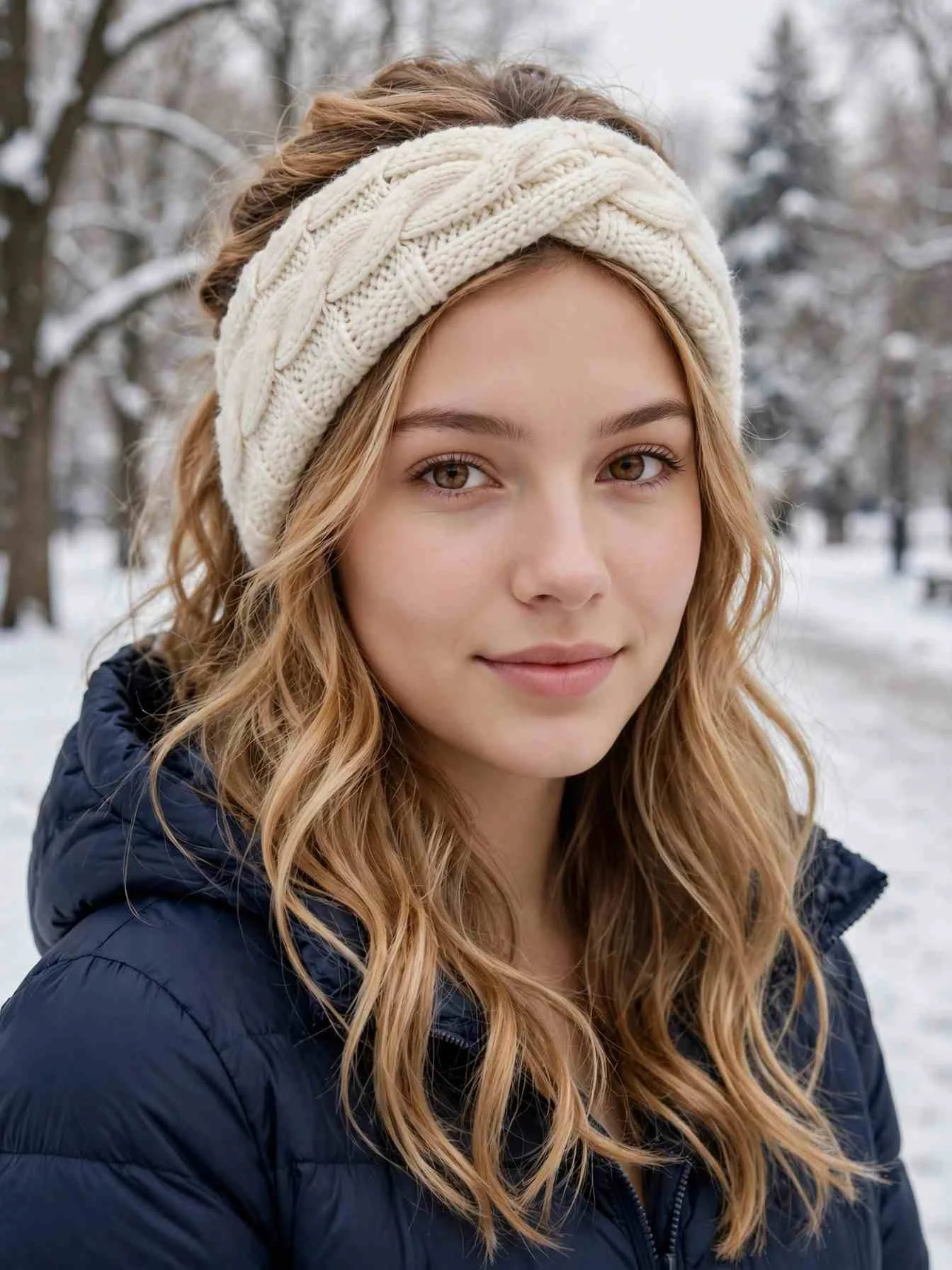 Wavy honey-blonde hair in a half-up style with a cream cable-knit wool headband covering the ears.