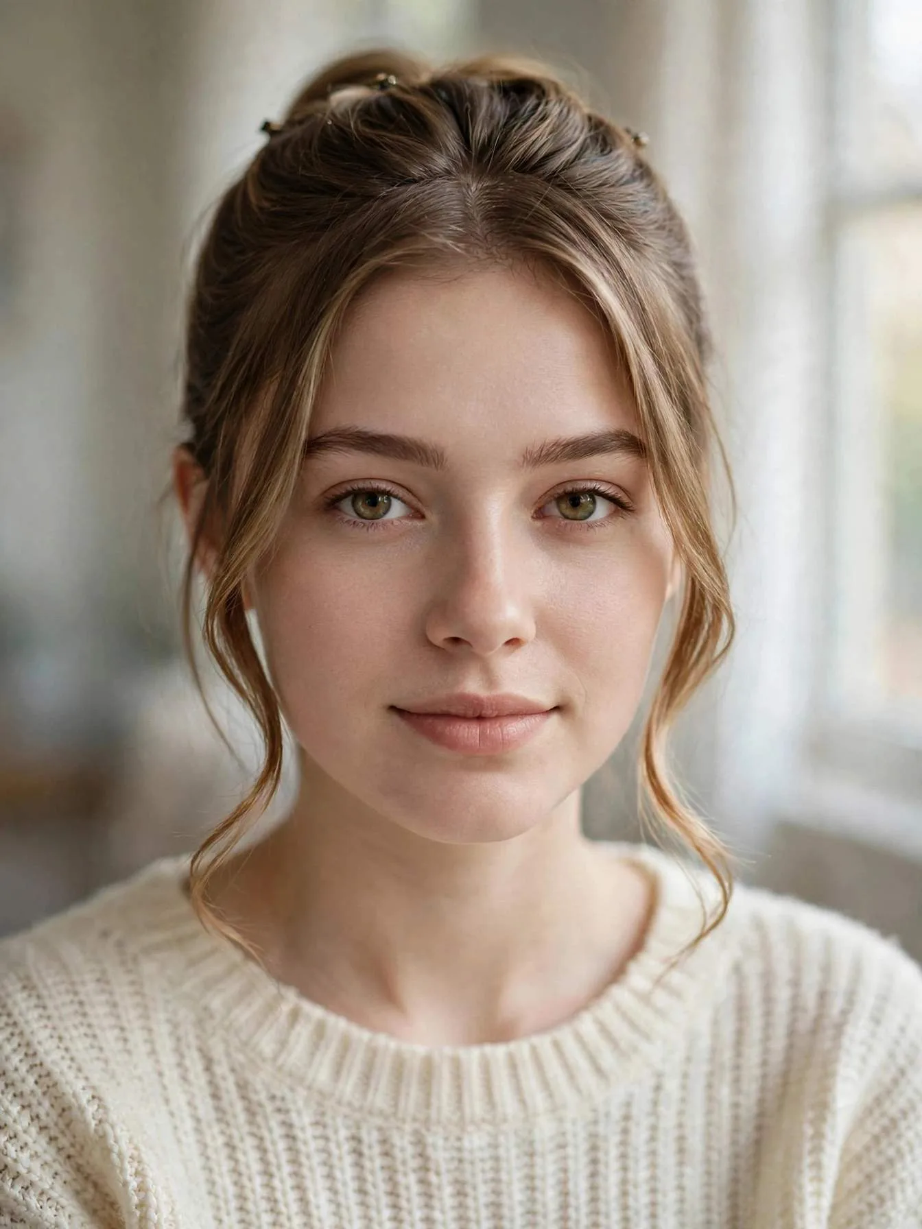 Half-up hairstyle with face-framing curtain pieces around the cheeks