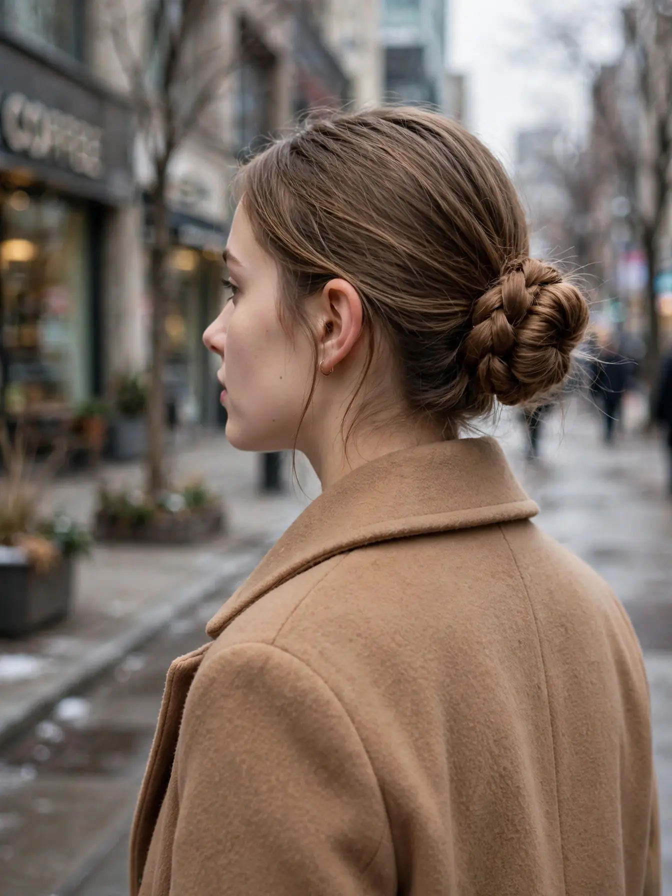 22 Cozy Winter Braid Hairstyles to Try This Season 7 Low braided bun at the nape worn with a camel winter coat