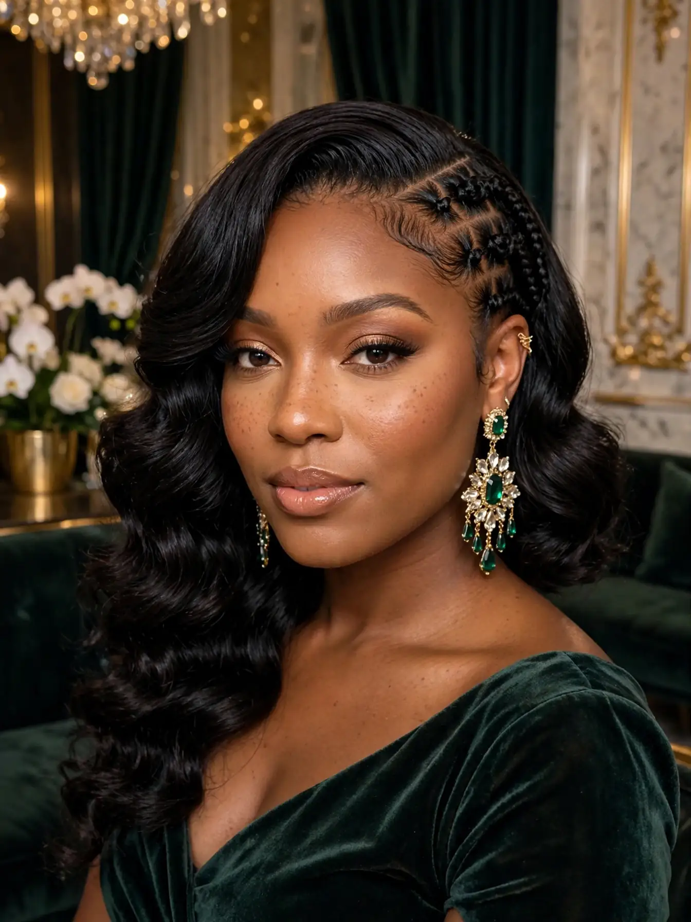 Side-parted glamour waves miracle knots