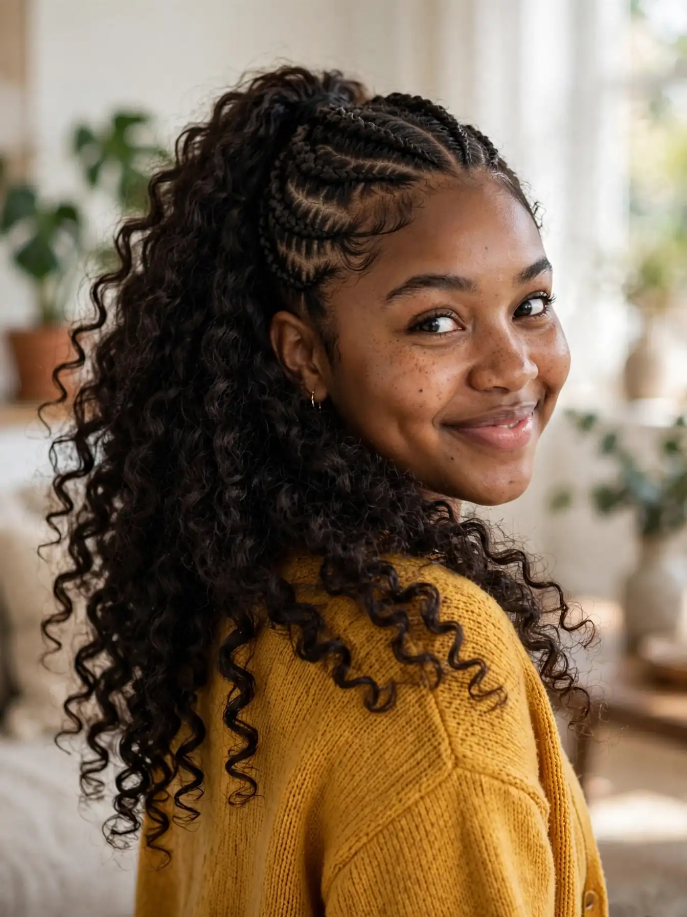 Half-up braids sew-in braided leave-out hairstyle with huge defined curls