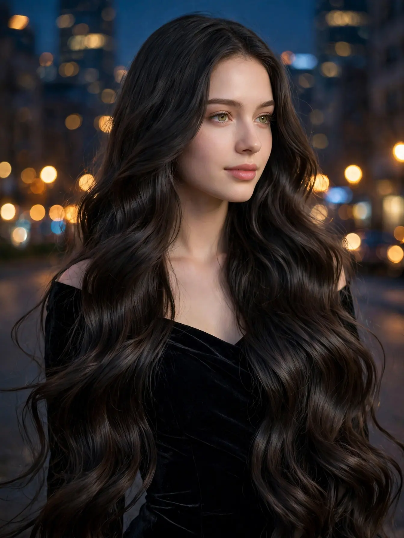 Long glossy dark mermaid waves under evening city lights
