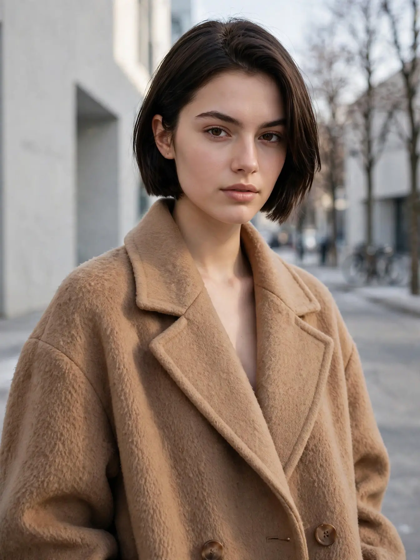 Short boxy boy bob ending between the ear and chin with an oversized wool coat