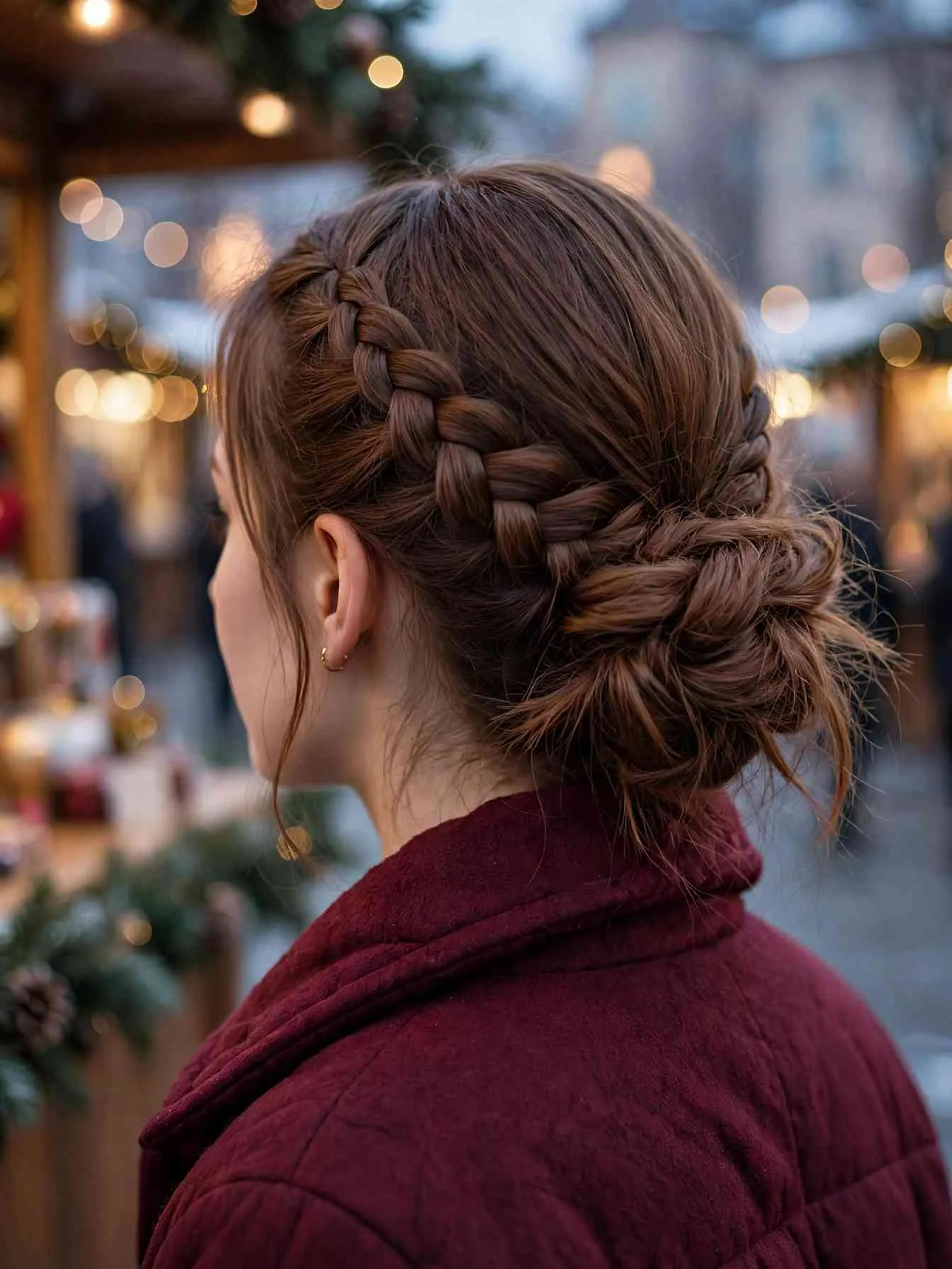 Two Dutch braids along the temples feeding into a low messy bun, winter market lights