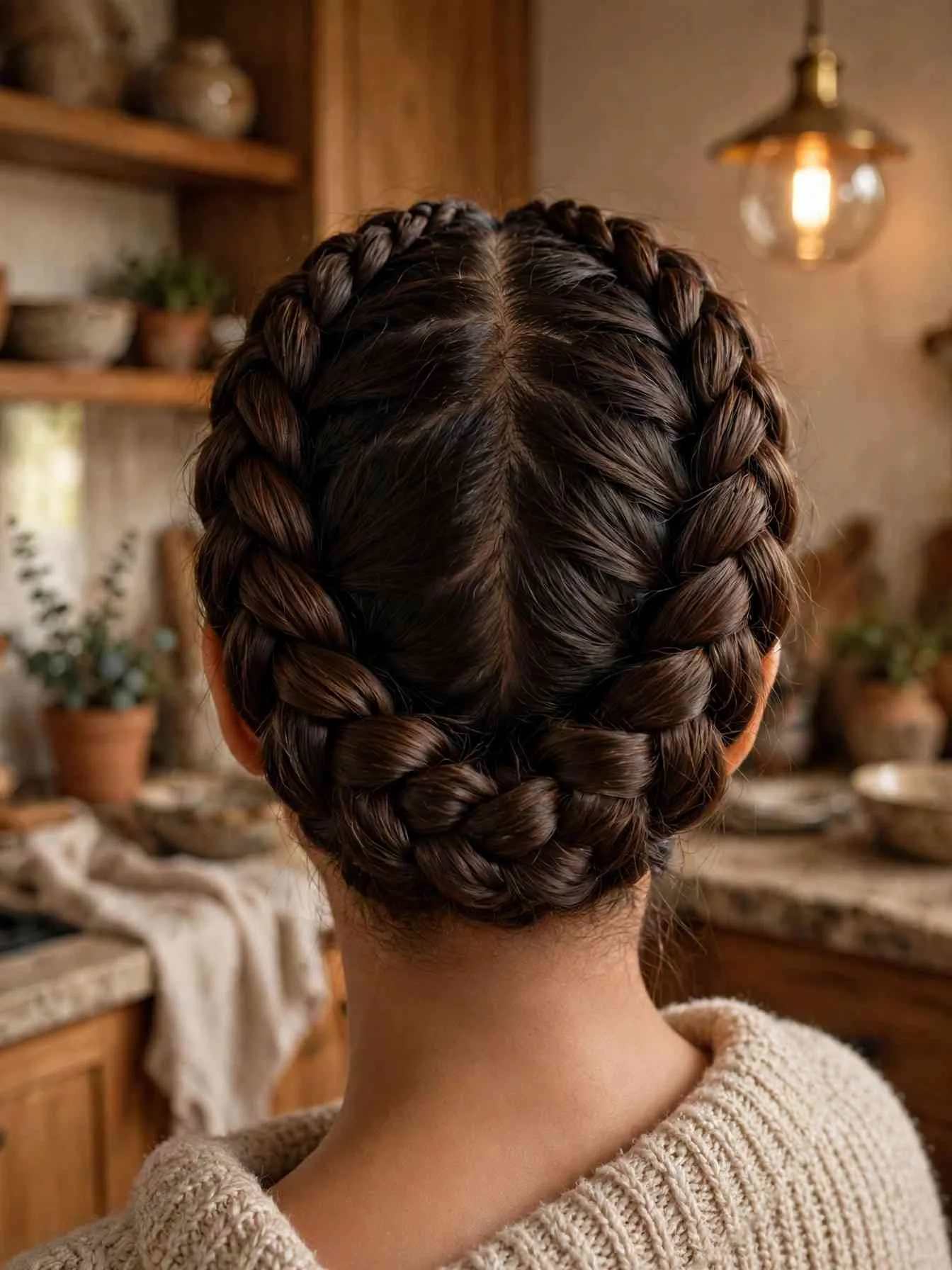 Two Dutch braids wrapped into a crown around the head, back view