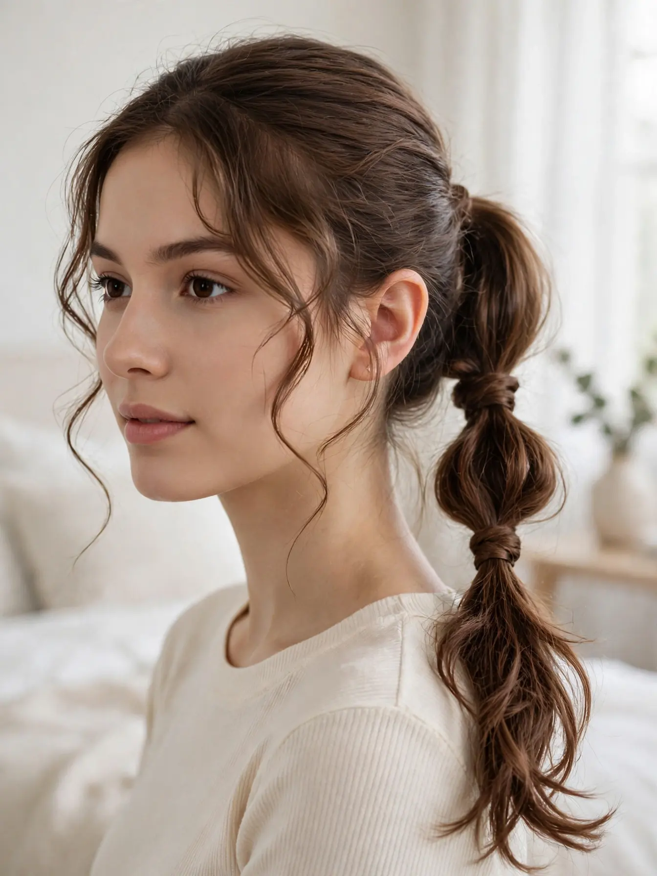 Infinity knot ponytail with soft face-framing layers on brunette hair