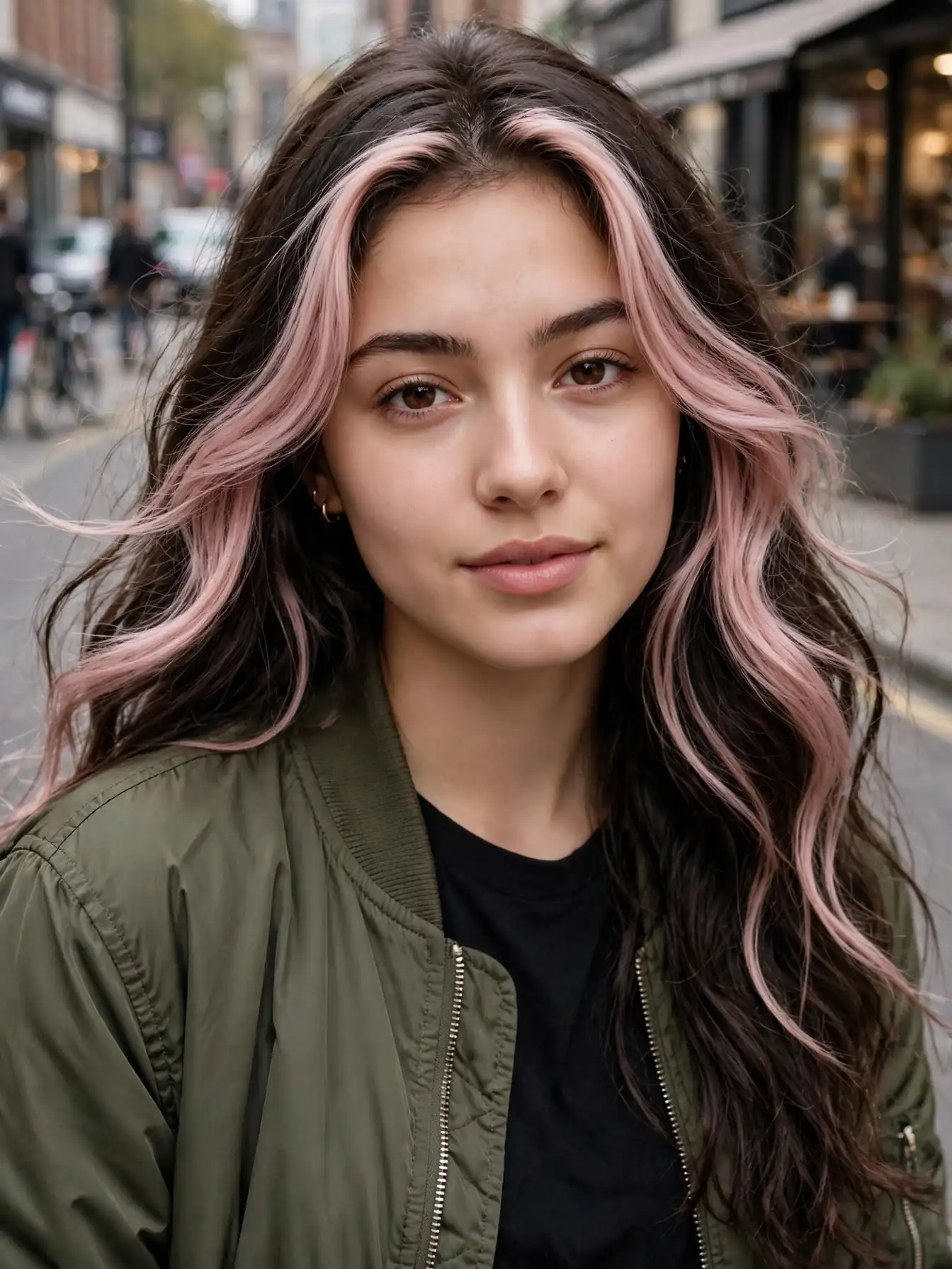 A woman with long wavy dark brunette hair and pastel pink face-framing money piece sections on a city street.