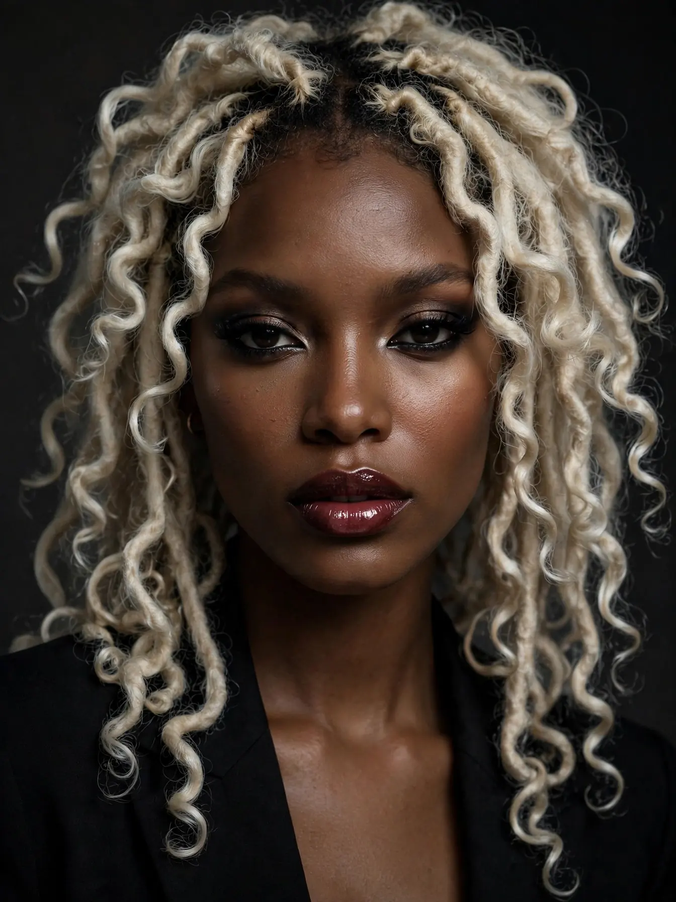 Woman with platinum butterfly locs and dark shadow roots