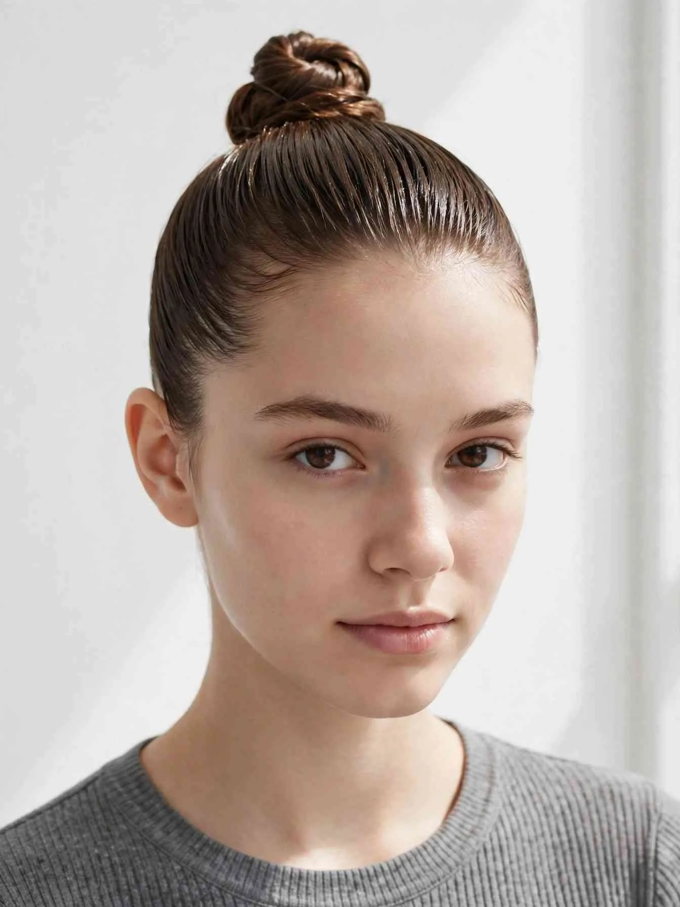 22 Clean Girl Hairstyles to Look Polished Every Day 7 Slick back bun with gelled crown and smooth hairline
