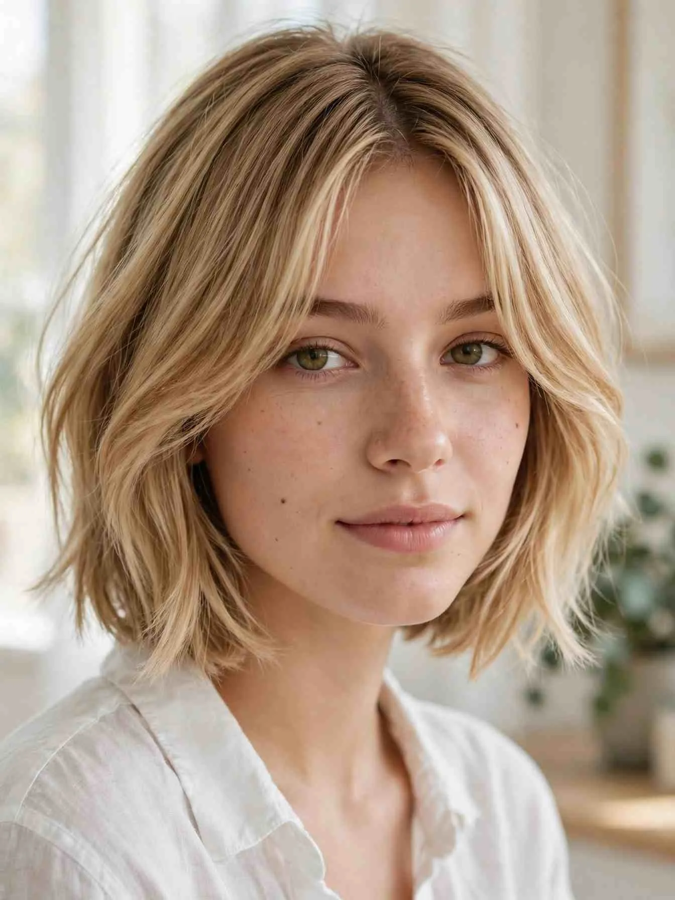 Feathered bob with curtain bangs