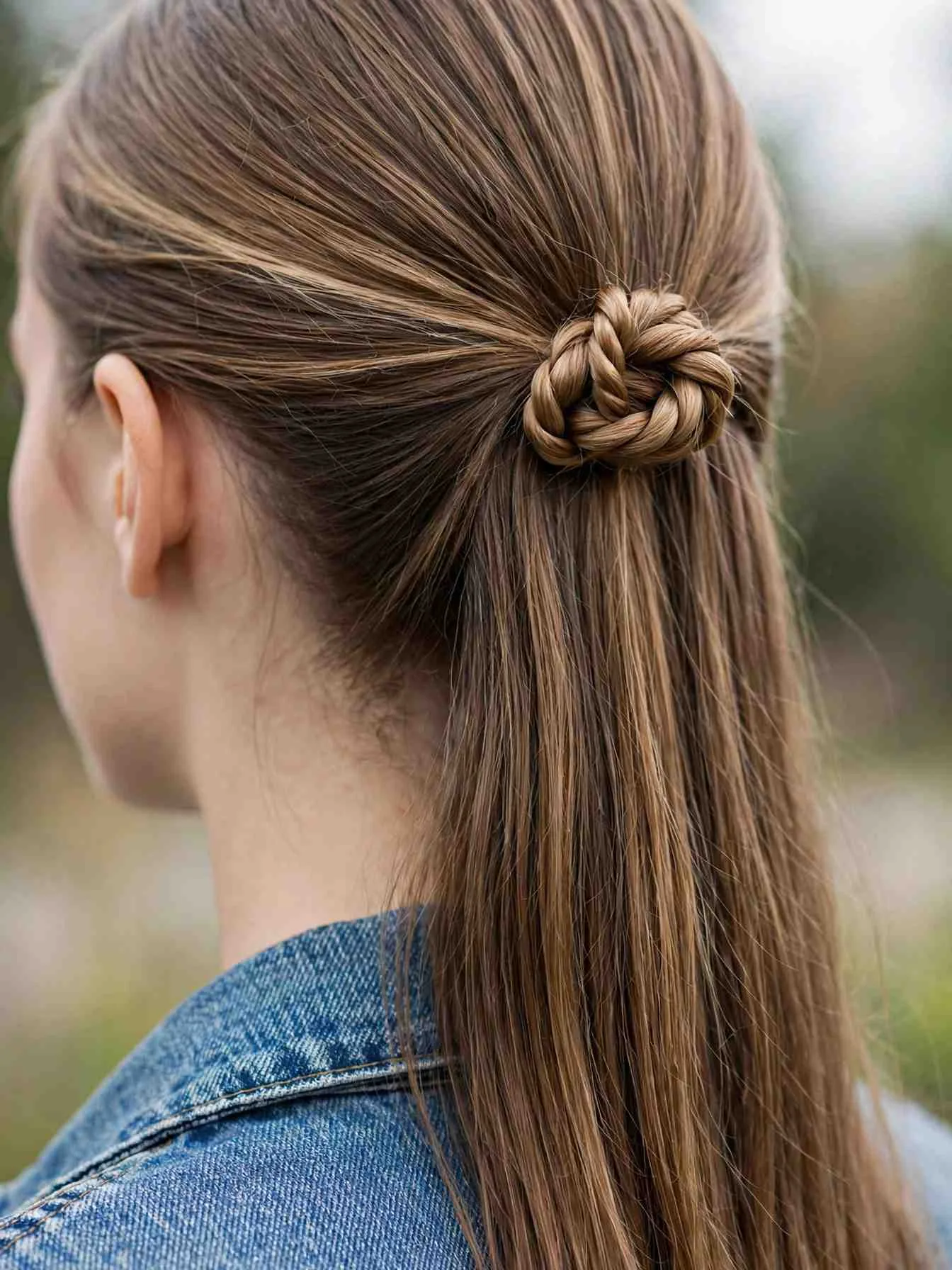 Half-up rope-twist knot pinned flat at the crown