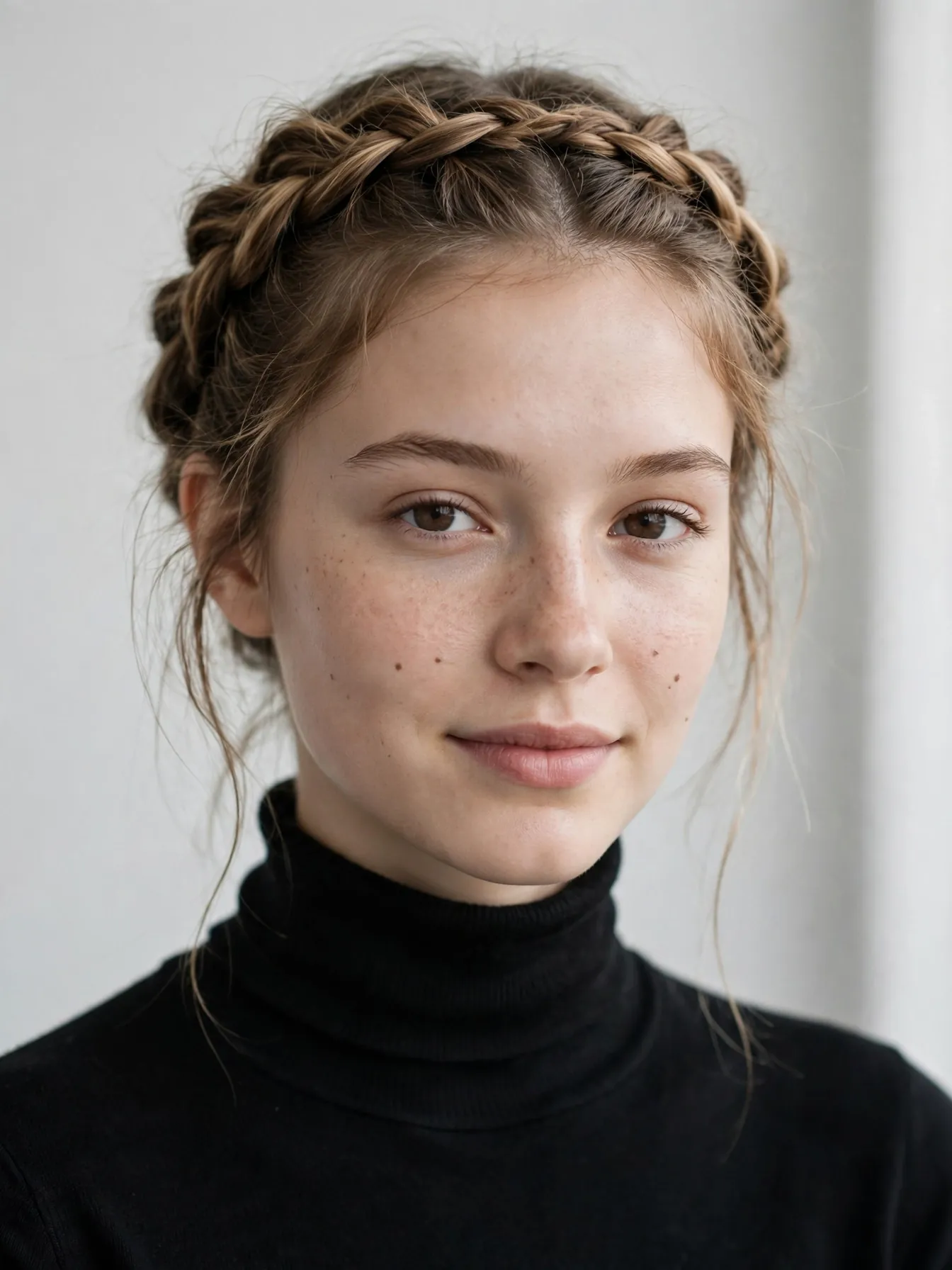 22 Cozy Winter Braid Hairstyles to Try This Season 8 Milkmaid braid crown worn with a black turtleneck