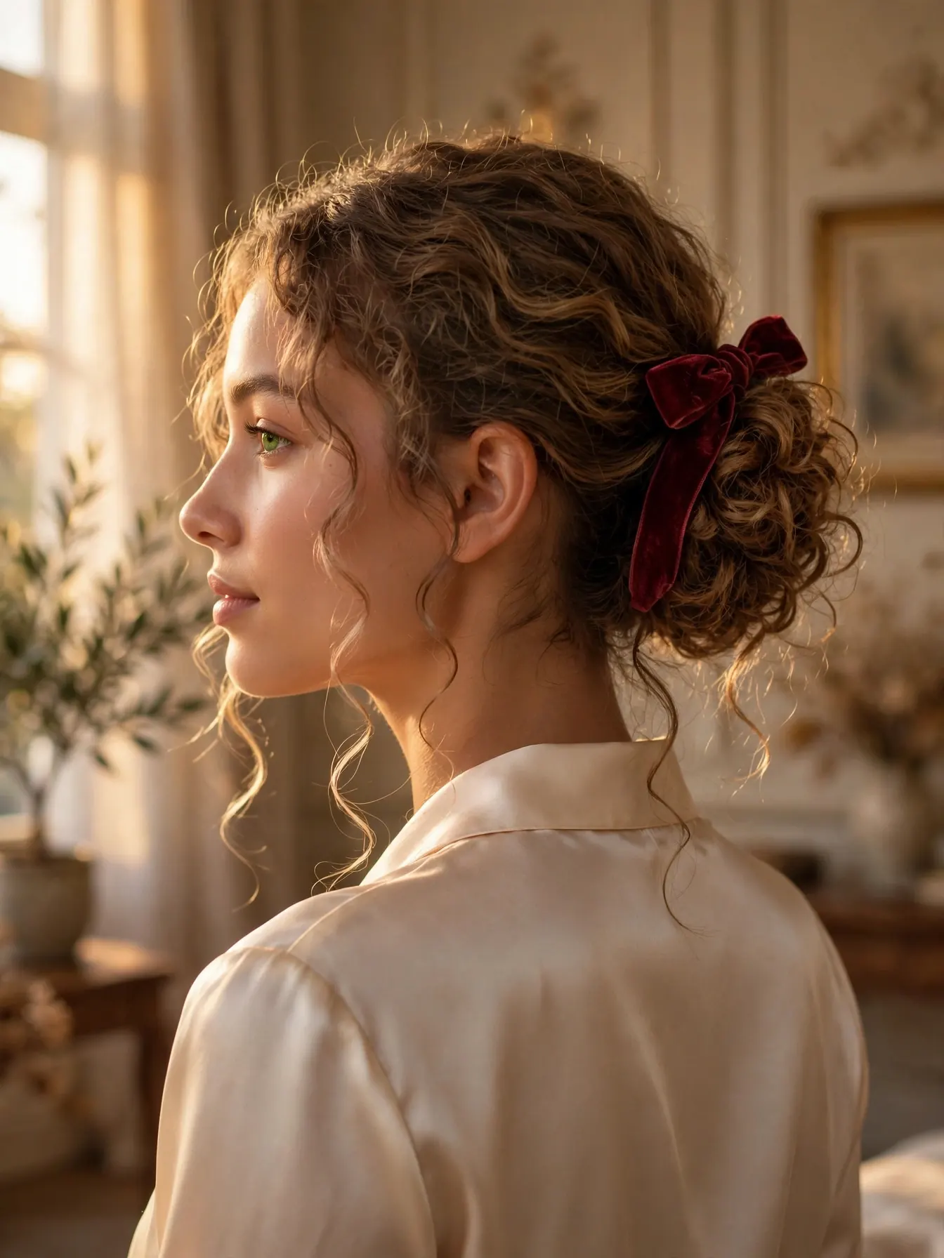 Low curly bun with tendrils and burgundy velvet ribbon