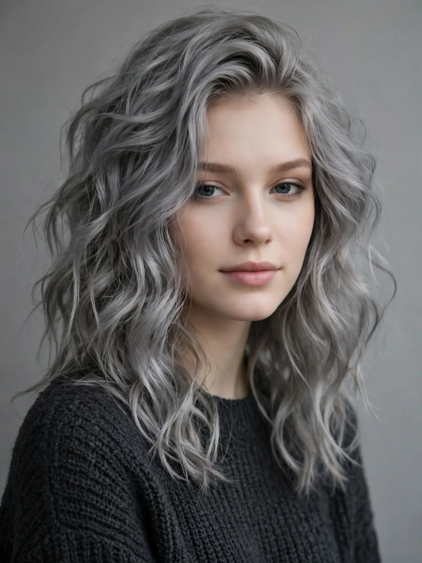 Smoky silver-gray waves, soft undone cool-toned waves in a gray studio