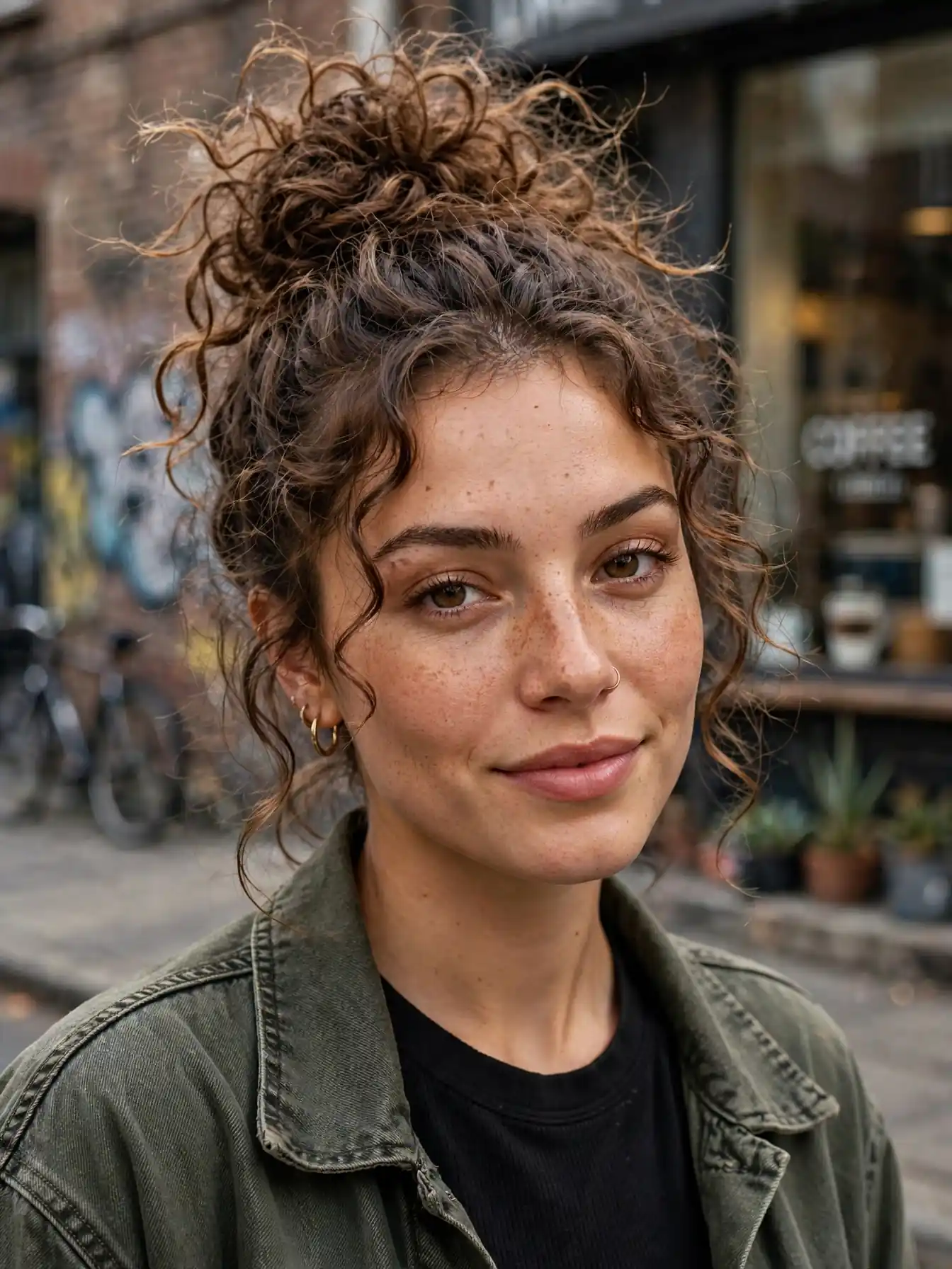 Elegant Updo for Curly Hairstyles: 20 Timeless Ideas 8 Curly top knot with piece-y ends