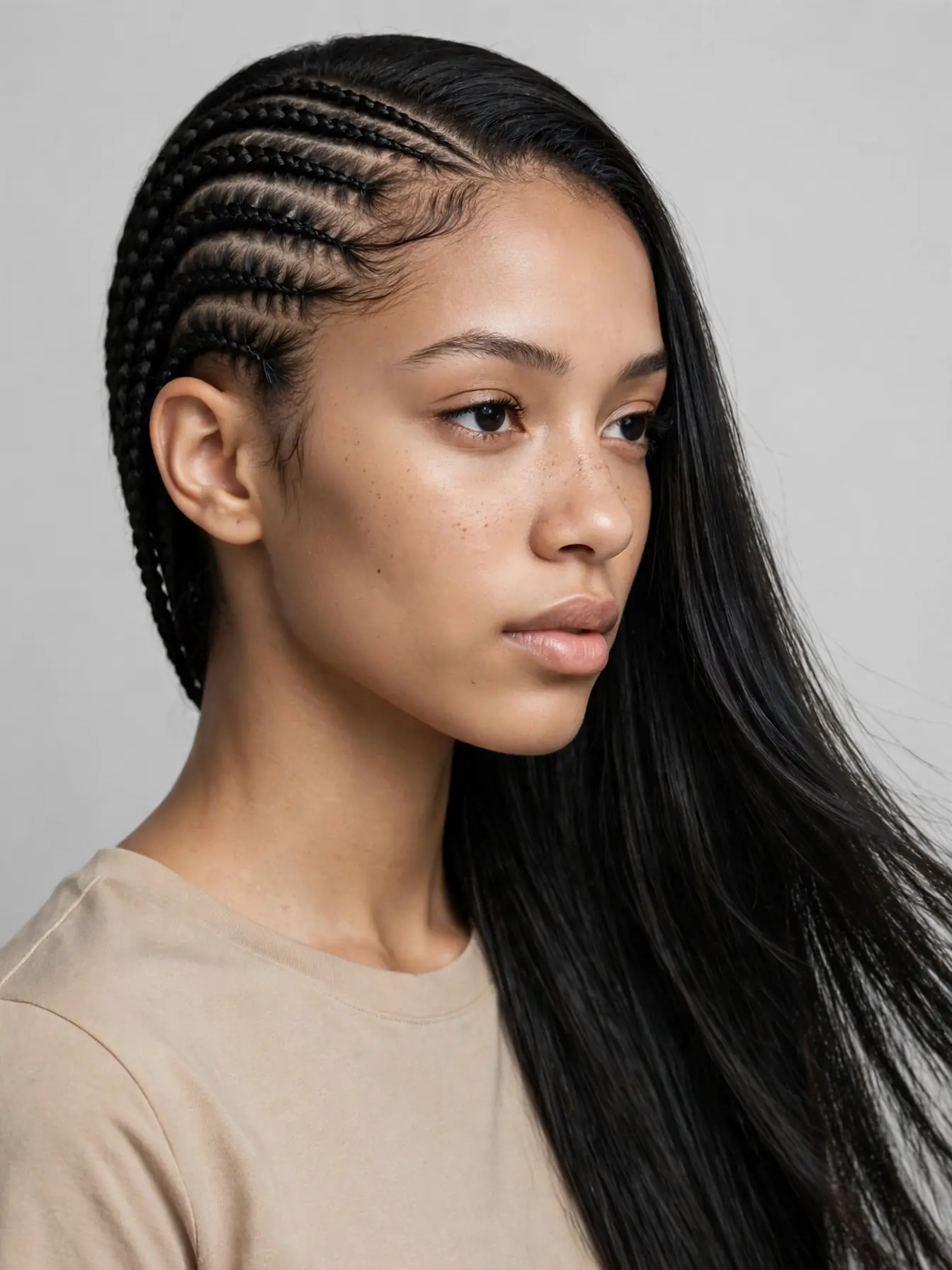 Sleek braided base sew-in braided leave-out hairstyle with pin-straight silky hair