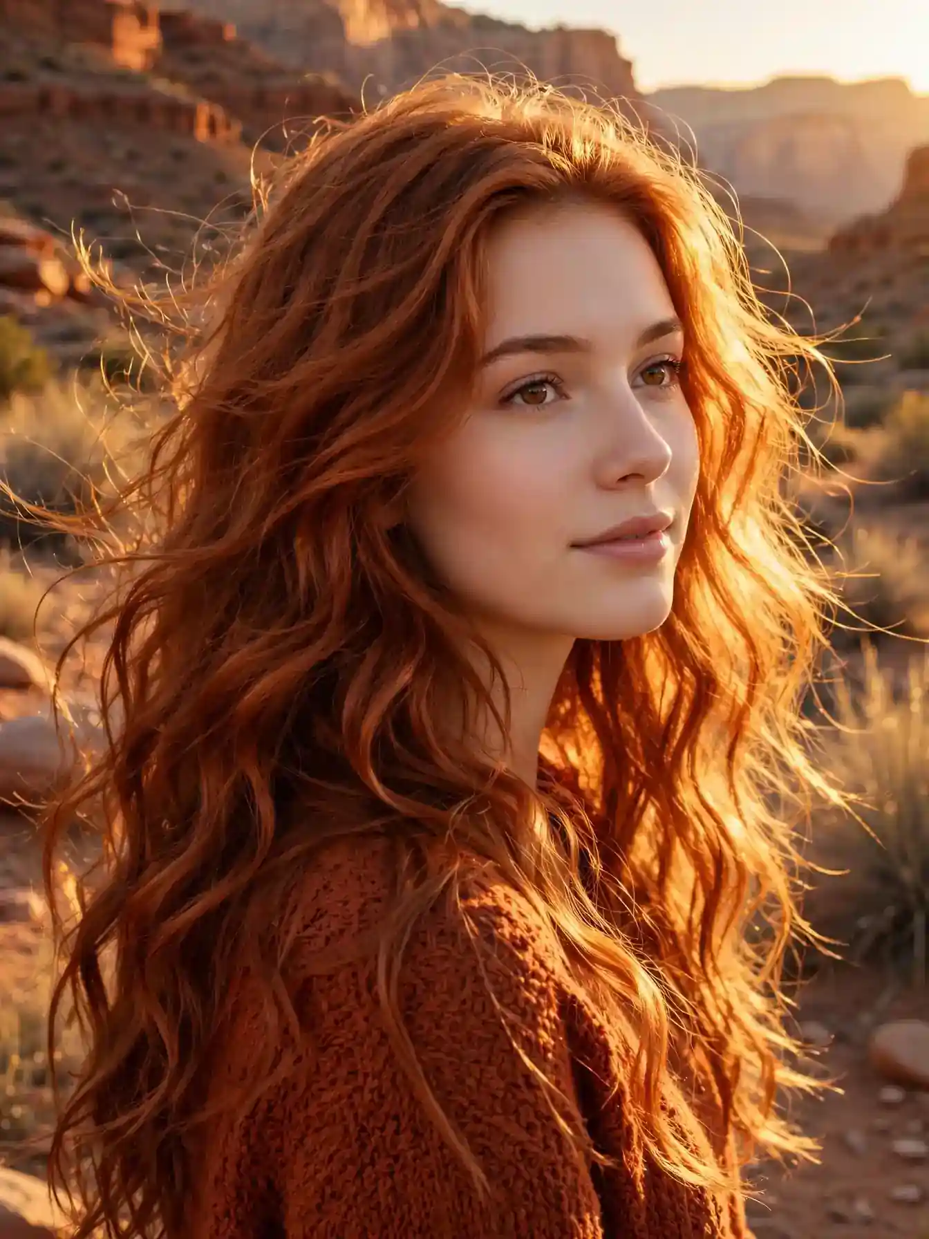 Long copper wavy hair glowing in a desert canyon