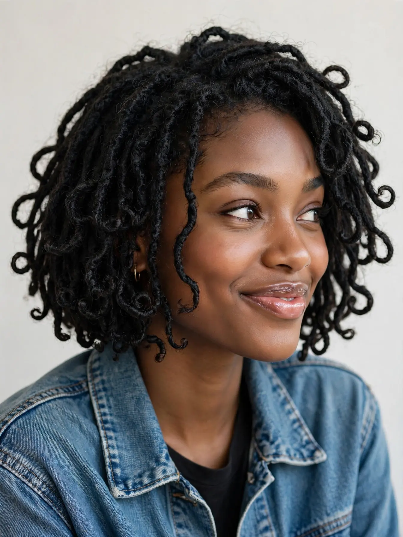 Woman with a chin-length butterfly bob in black butterfly locs