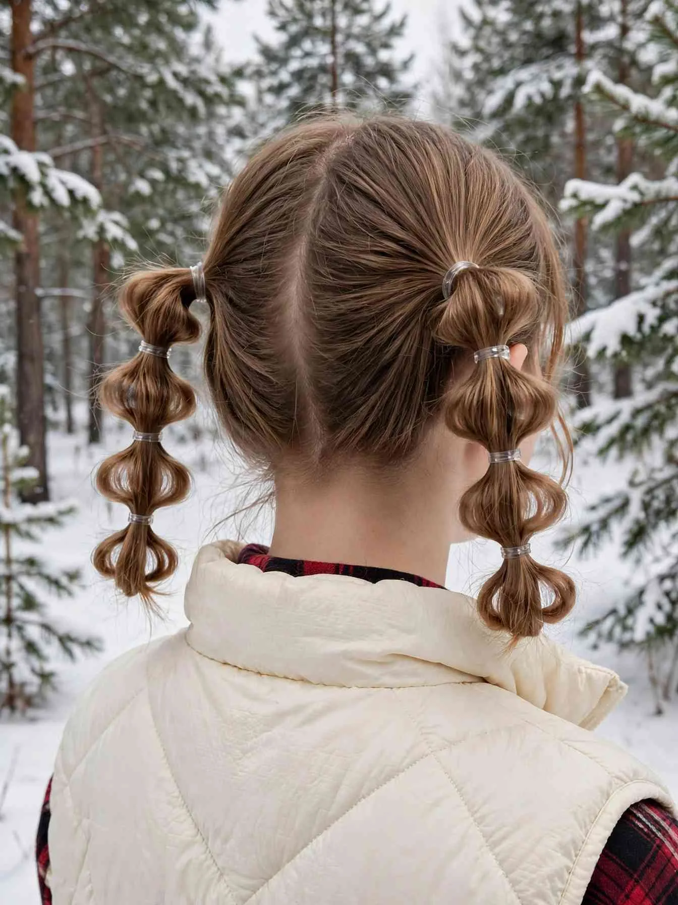 Two low bubble pigtail buns with clear elastics in a snowy pine forest