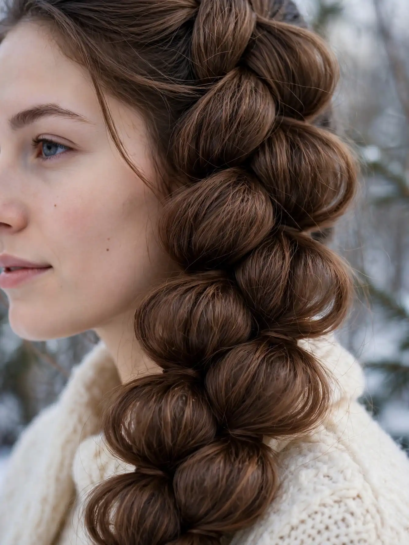 Pull-through braid with full bubble segments on thick hair