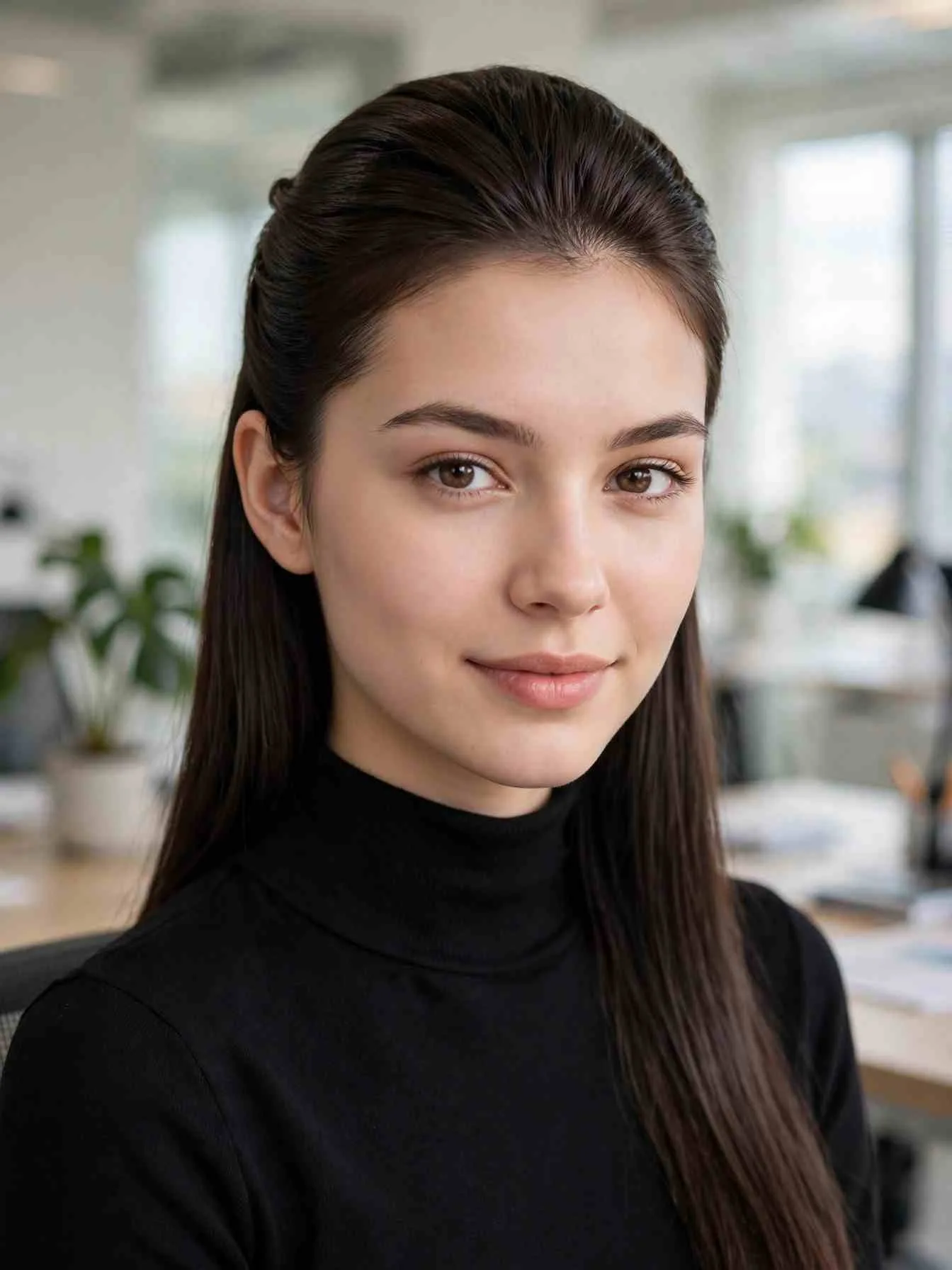 Sleek straight half-up style with a smooth frizz-free finish on dark brown hair.