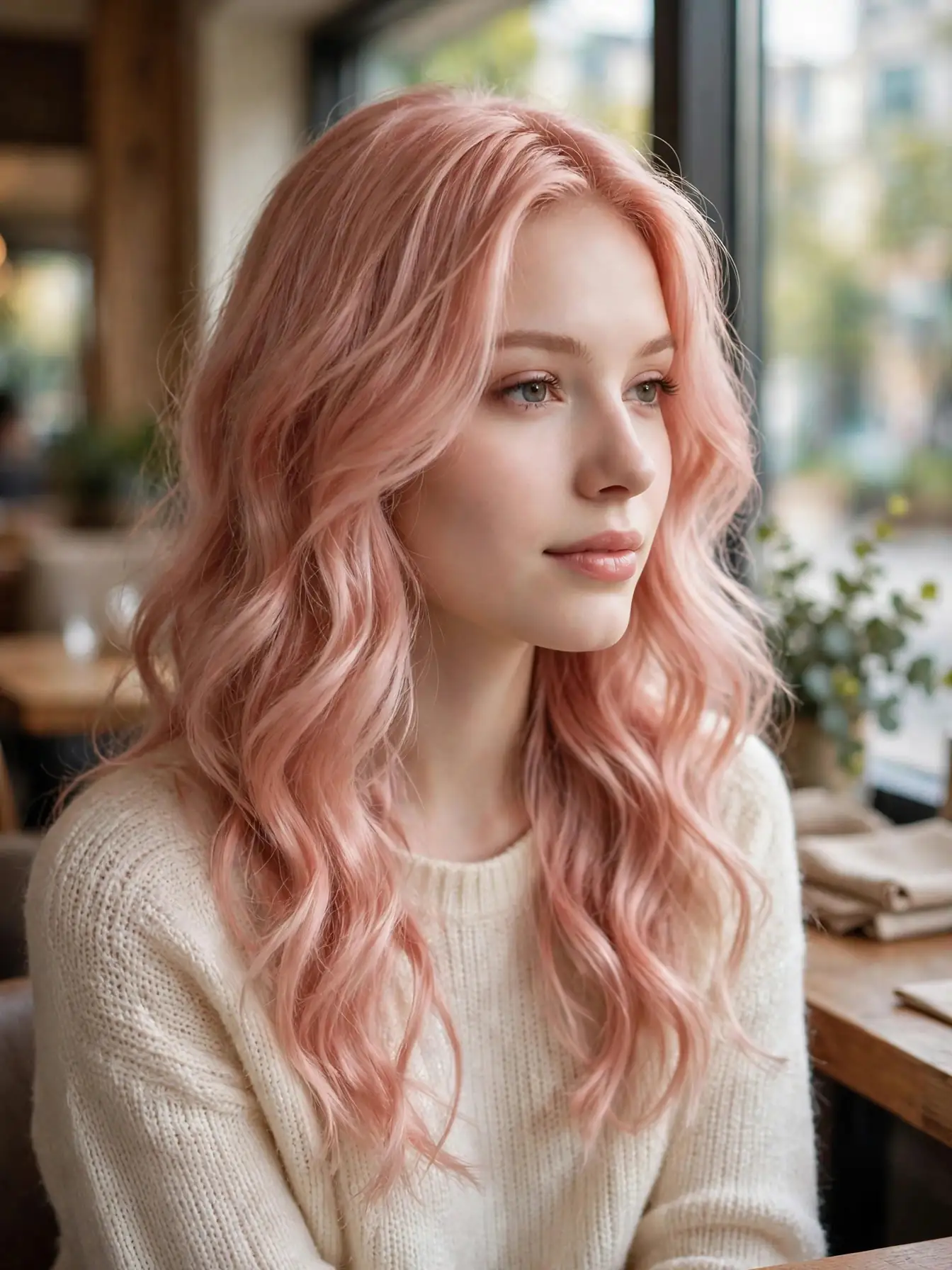 A woman with milky strawberry pink hair in soft romantic long waves in cozy cafe window light.