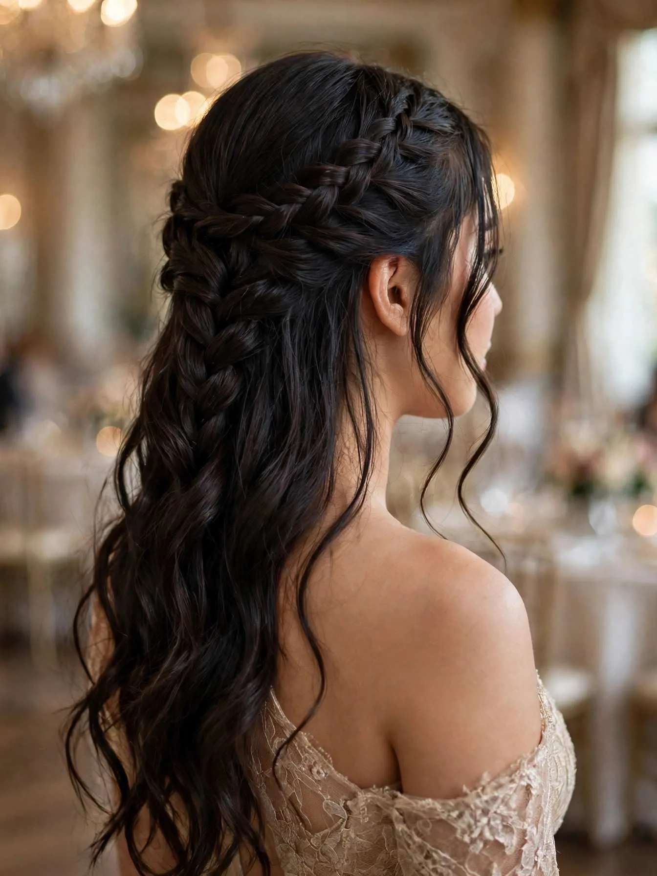 Waterfall braid half-up style with loose waves