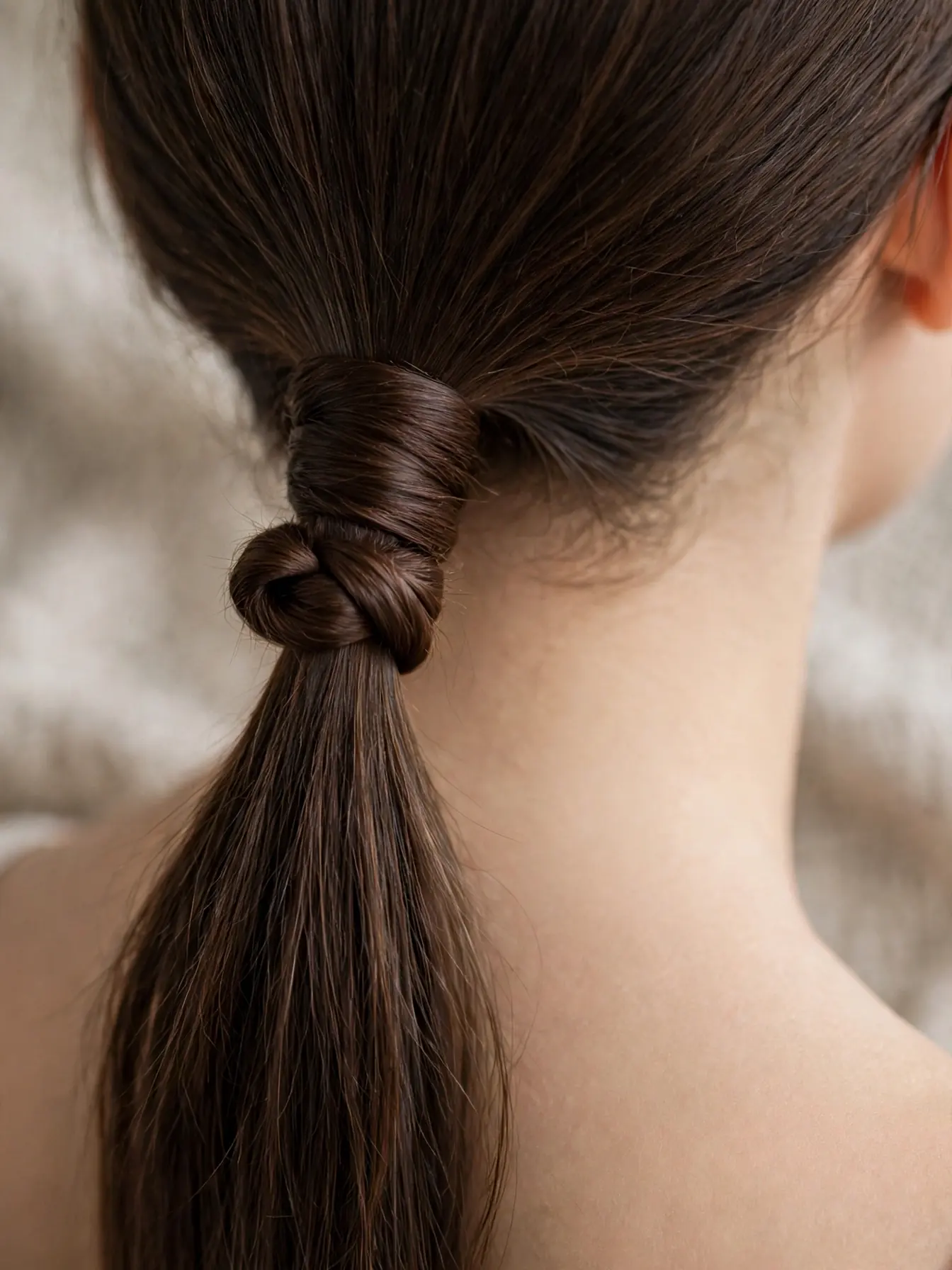 Close-up of a wrapped hair strand hiding the elastic on an infinity knot ponytail