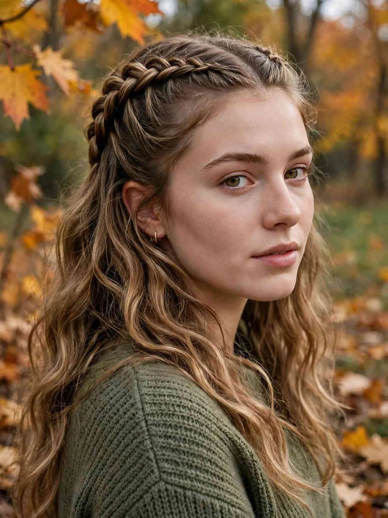 Dutch braids along the hairline forming a braided headband half-up style