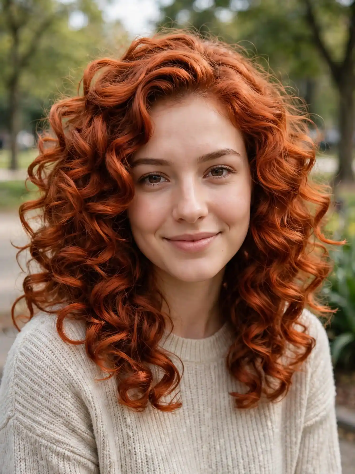 Bouncy big curls for medium-length copper red hair