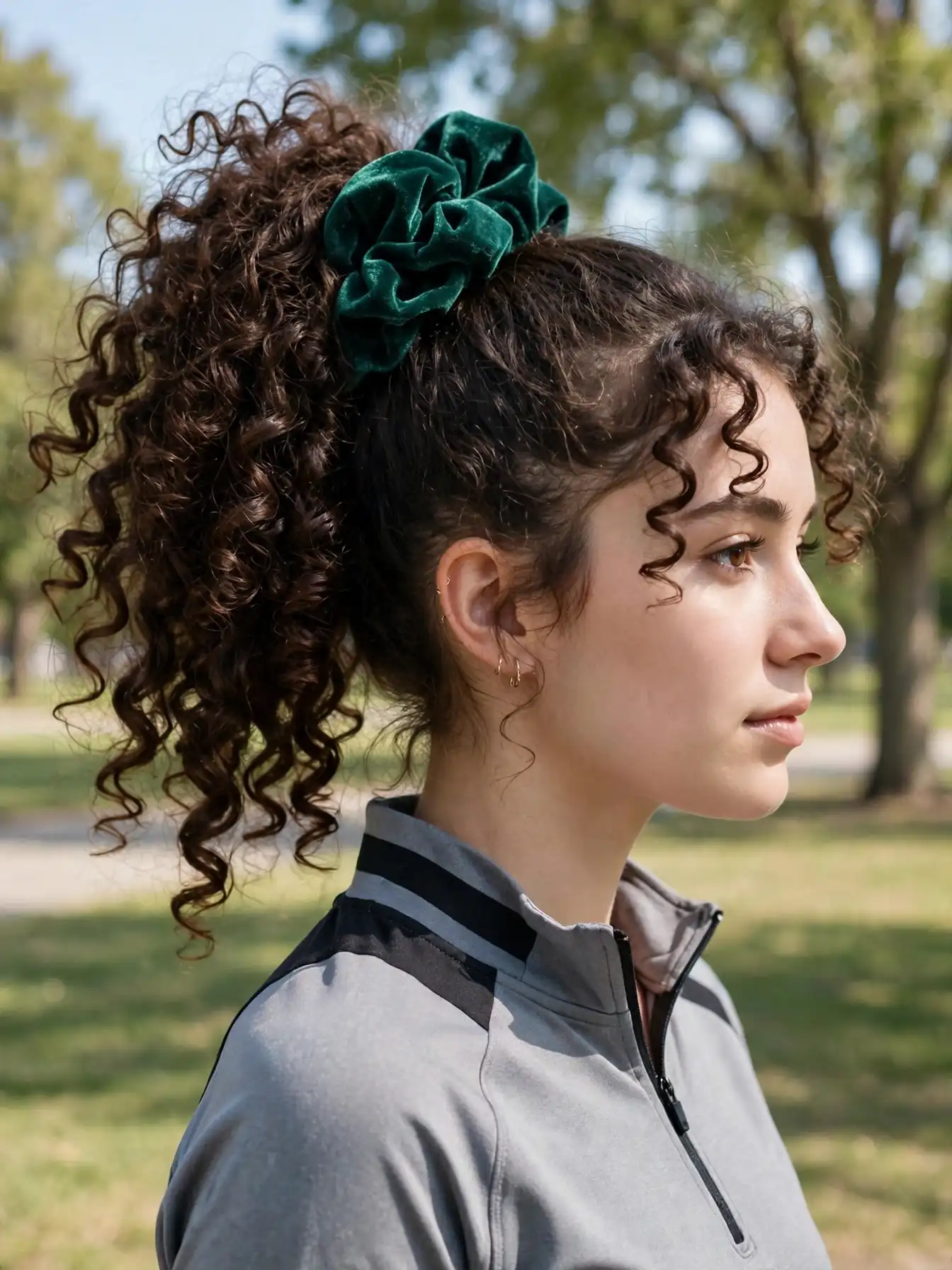 High curly ponytail with an oversized emerald velvet scrunchie