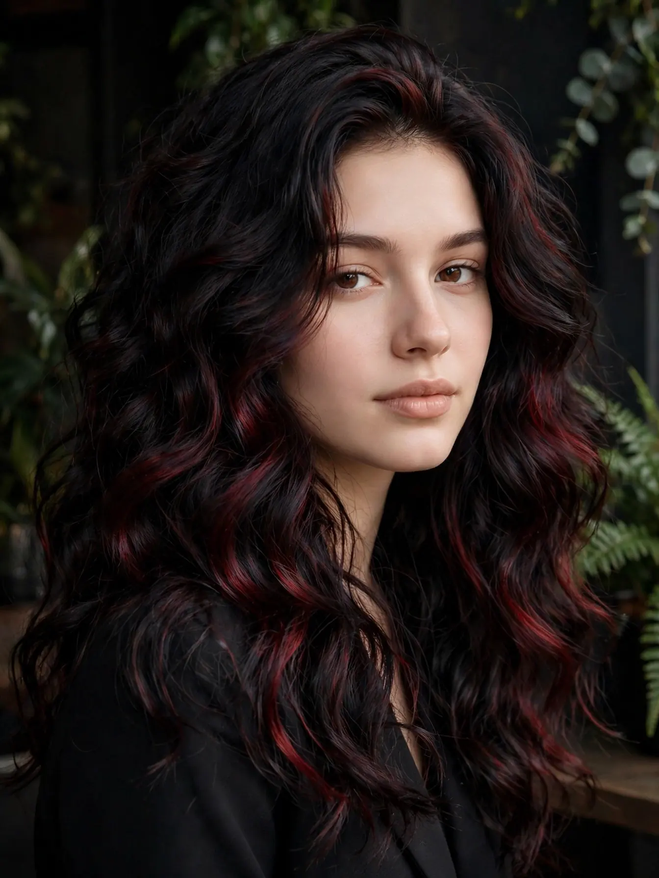 Thick black cherry waves, near-black hair with a red glow and movement