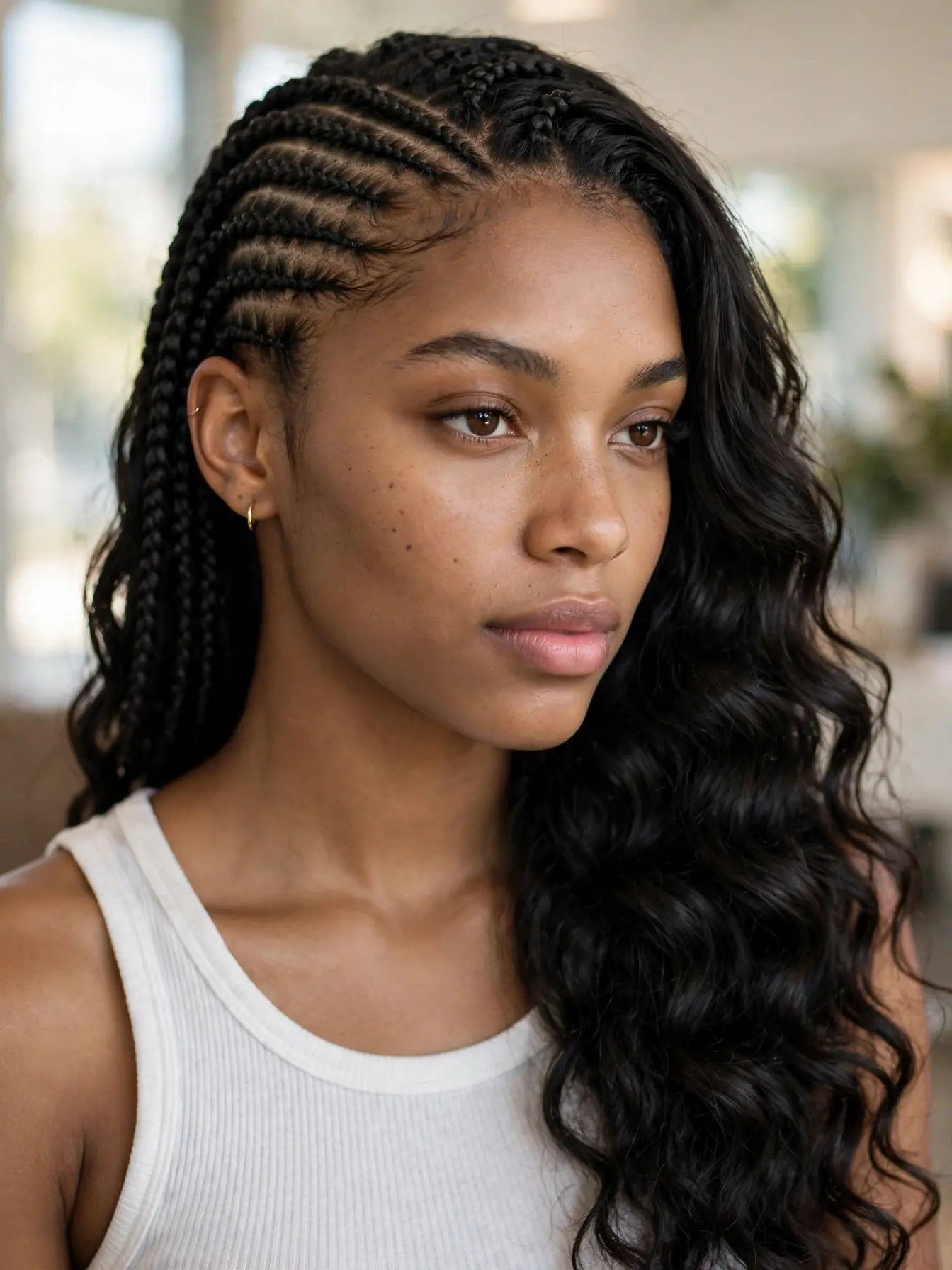 Deep wave sew-in braided leave-out hairstyle showing braid to wave texture