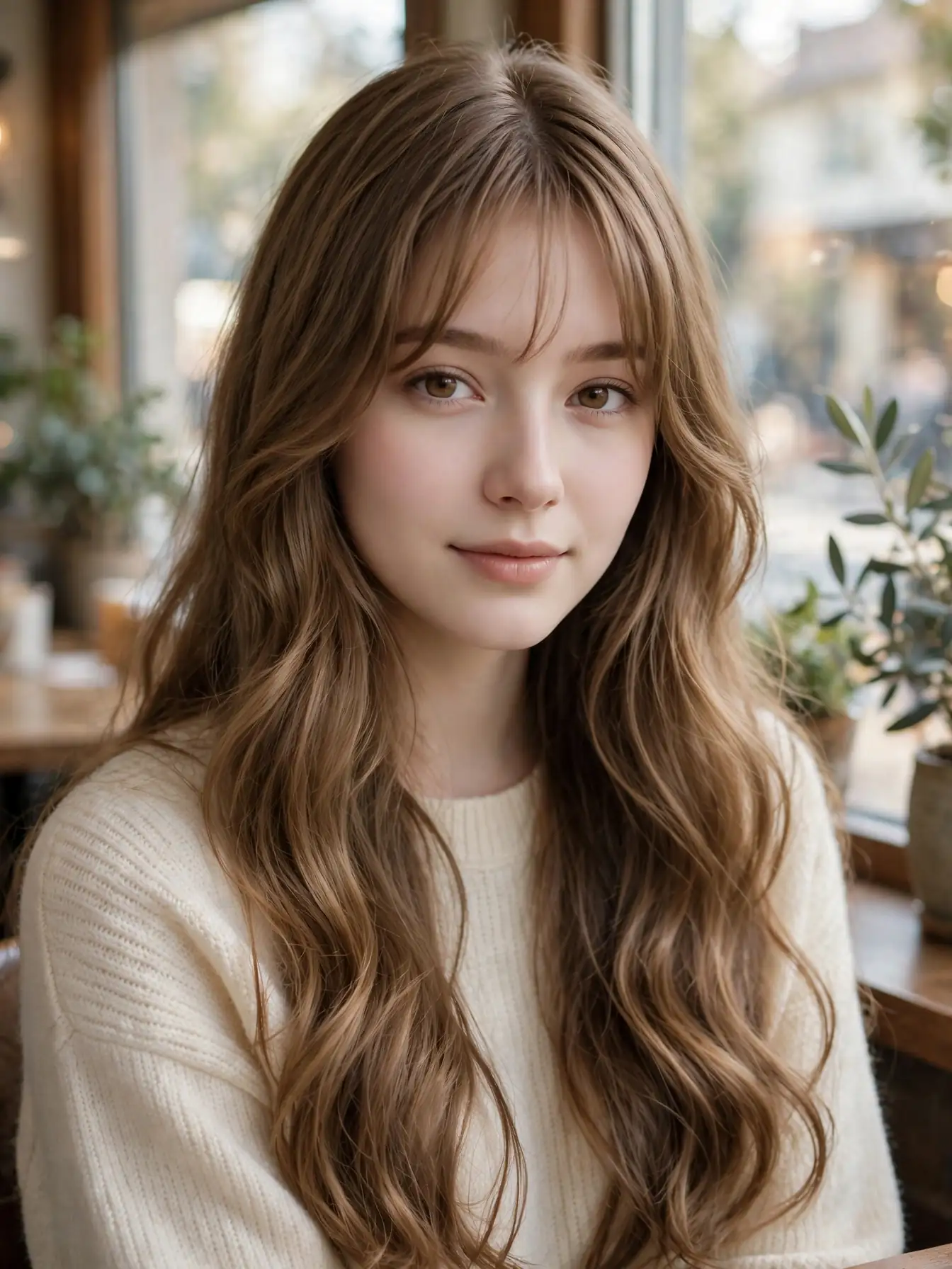 Long waves with soft curtain bangs blending into face-framing layers