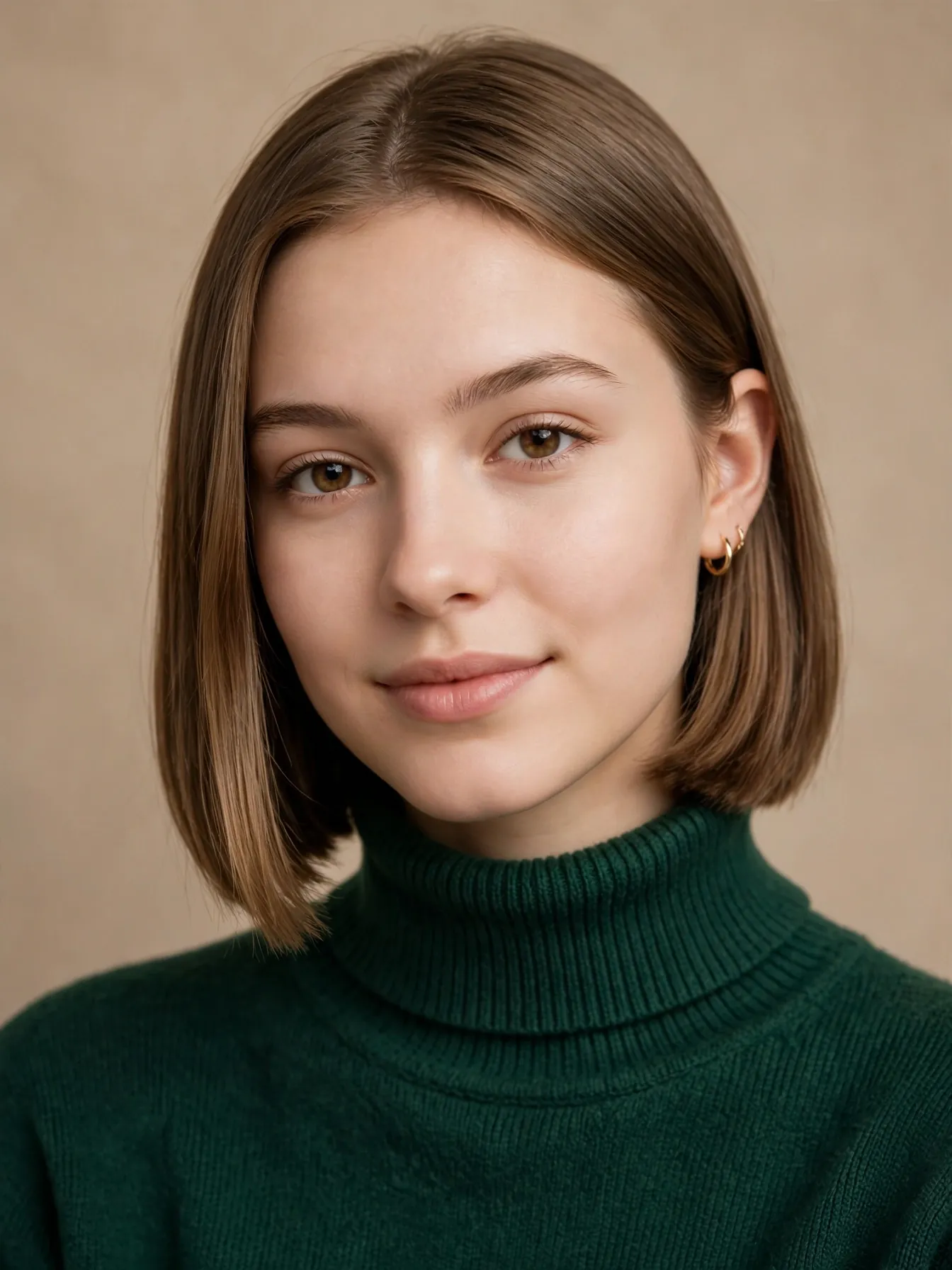 One-length winter bob with a precise clean perimeter, one side tucked behind the ear