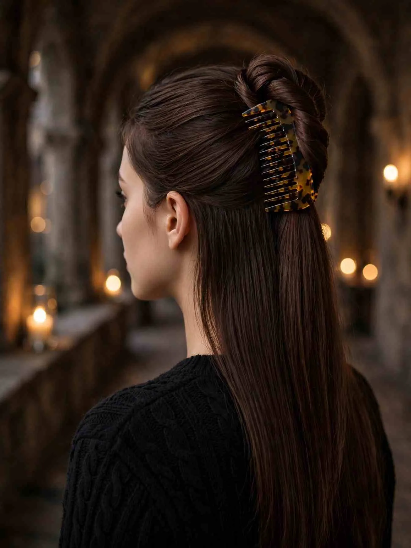 Half-up twist secured with a tortoiseshell hair comb