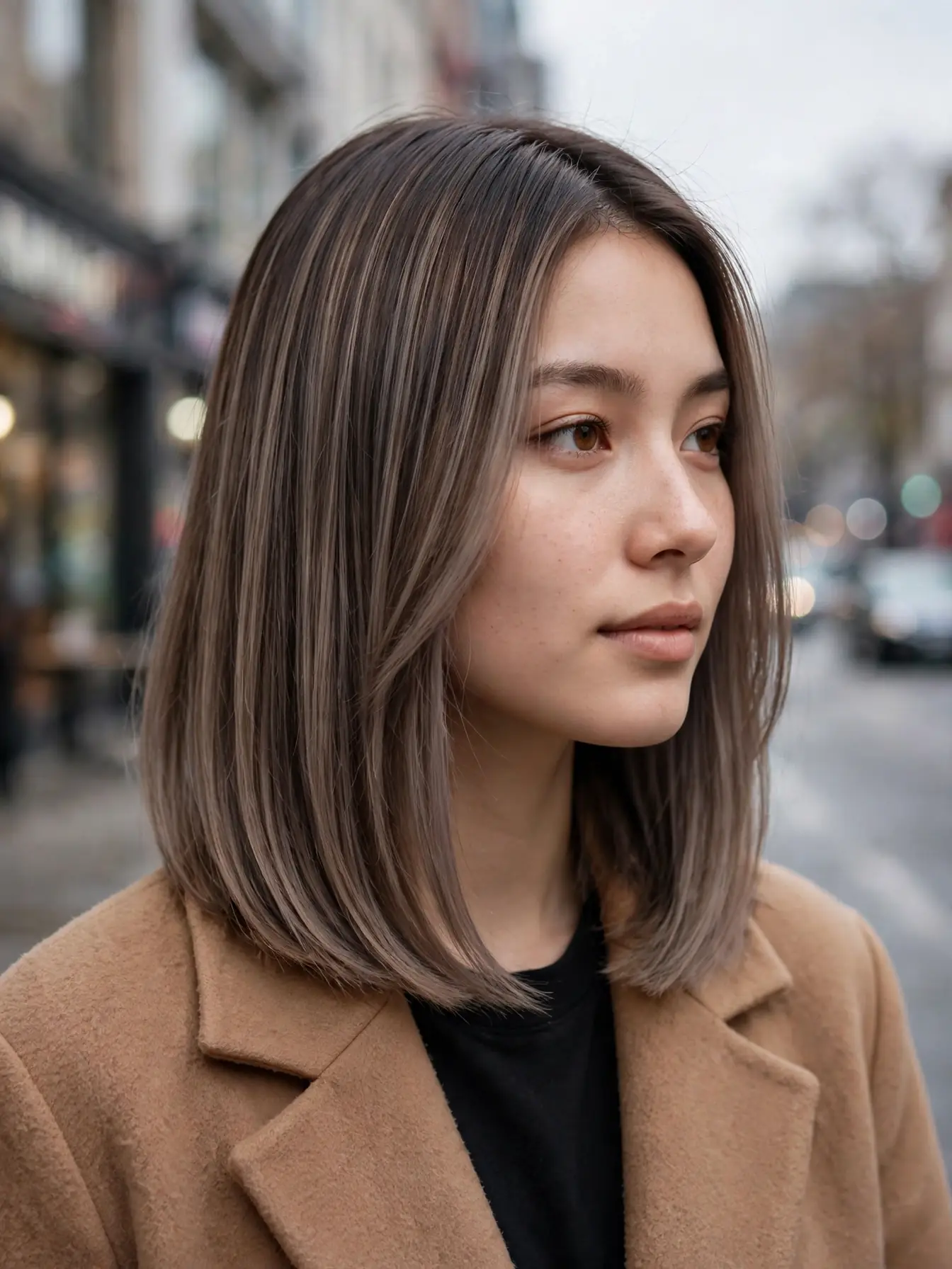 Ash mocha balayage on a collarbone lob