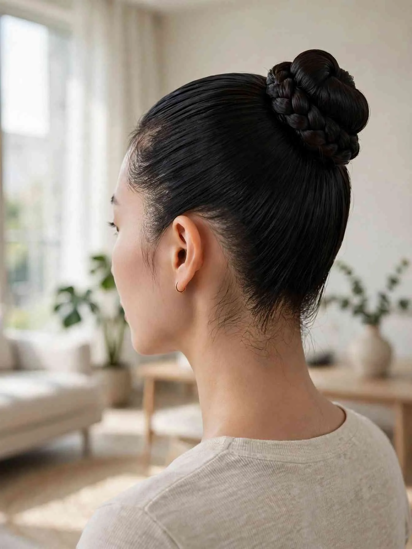 High bun coiled from a single braid, three-quarter back view