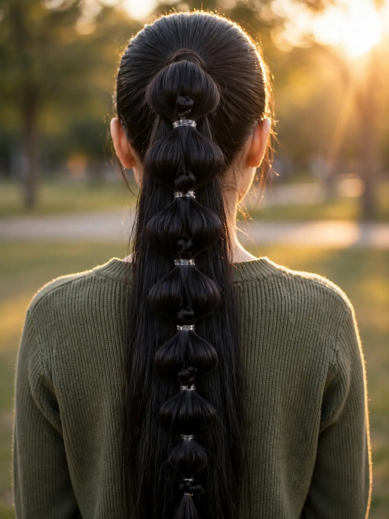 Bubble-and-knot hybrid ponytail alternating elastics and knots on very long black hair