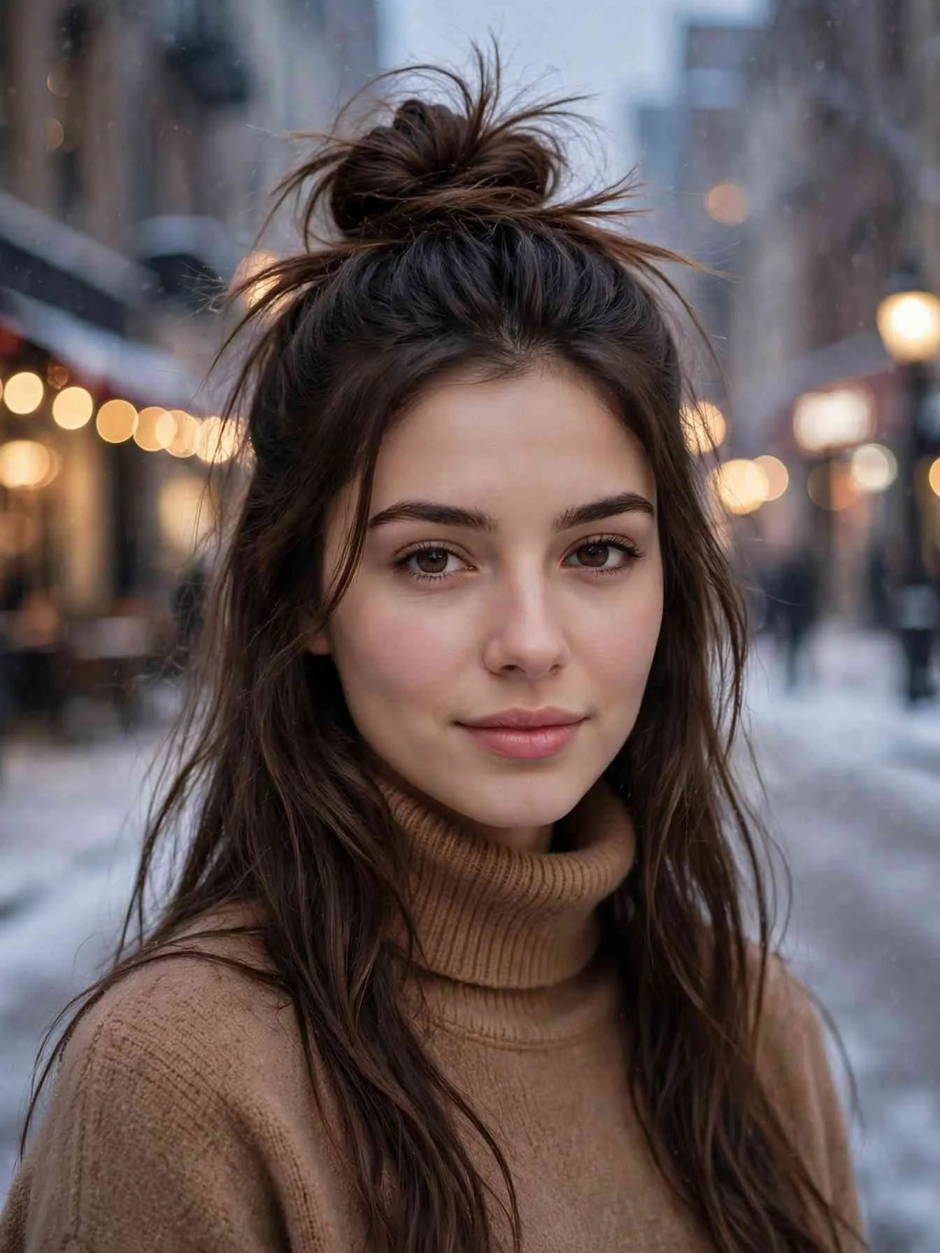 Half-up messy top knot with long hair flowing over a camel turtleneck sweater