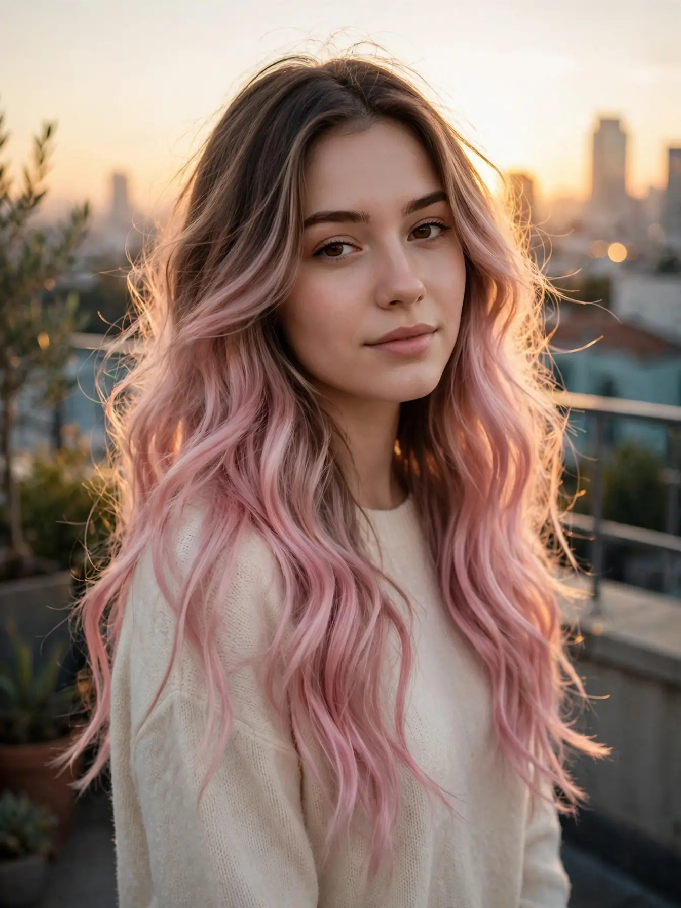 A woman with long pastel pink ombre waves fading from dark brown roots, photographed on a rooftop at sunset.