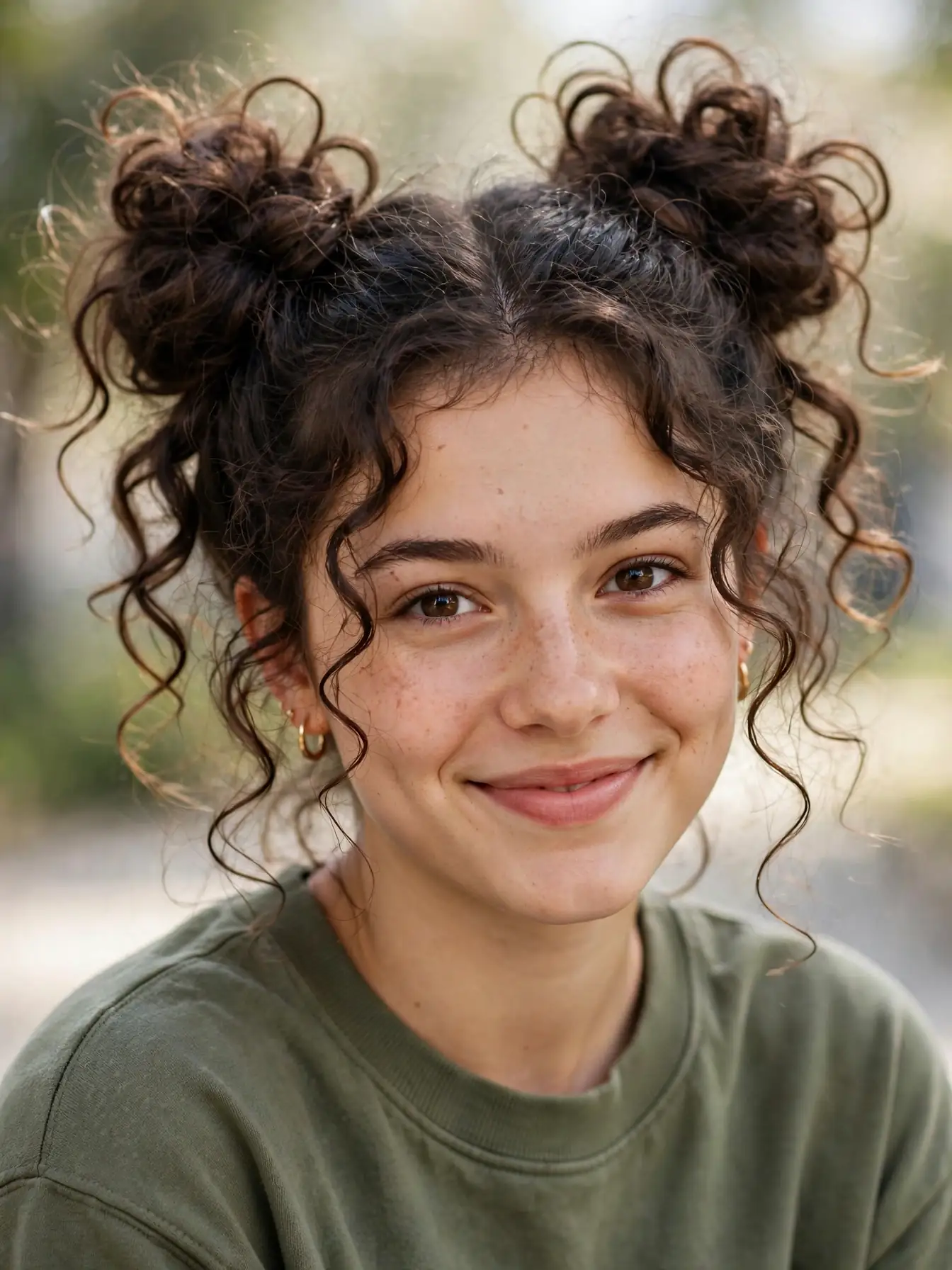 Playful space buns on curly hair