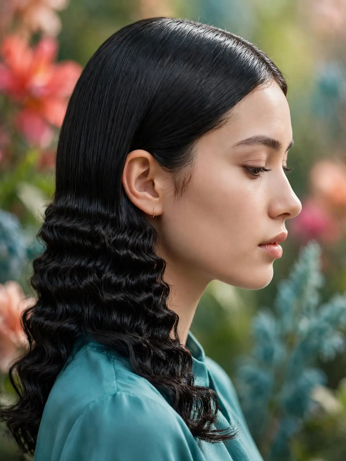 Sleek roots with crimped lengths in a waterfall effect