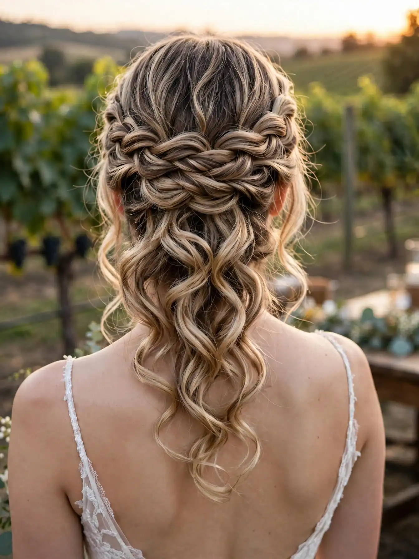 Soft curls with a loose braided crown