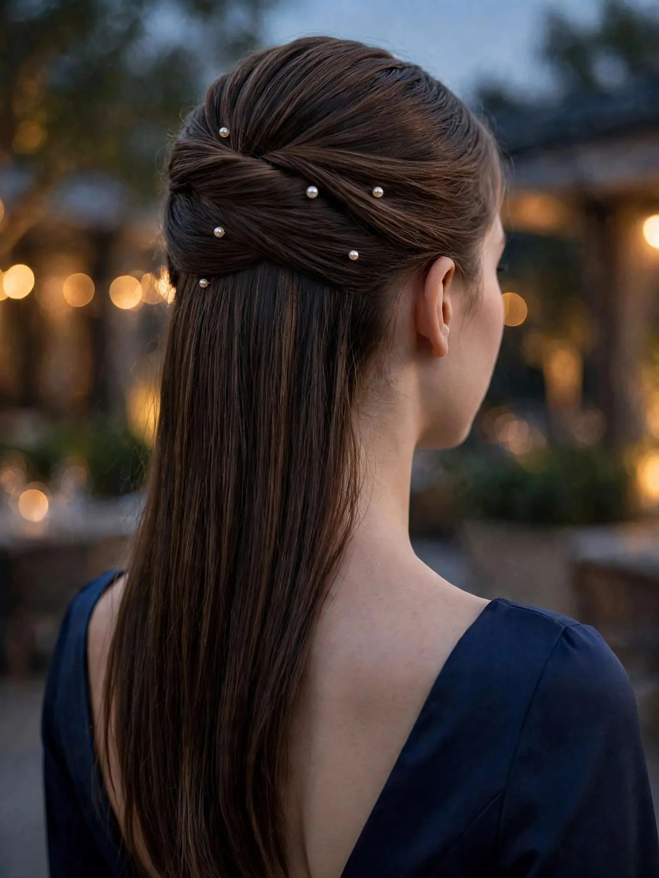 Half-up hairstyle decorated with scattered pearl hair pins