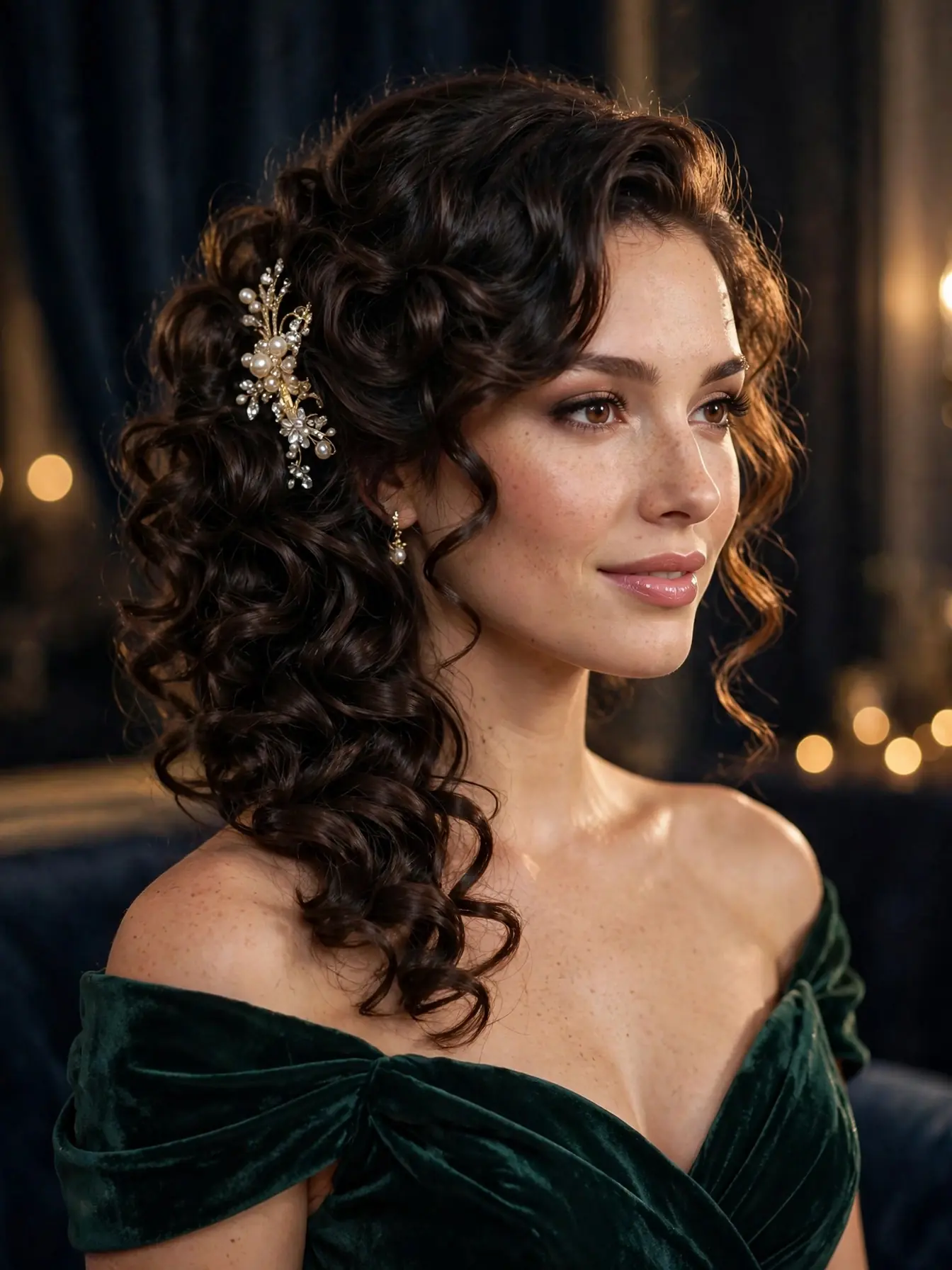 Elegant Updo for Curly Hairstyles: 20 Timeless Ideas 10 Side-swept curly updo with hair pin